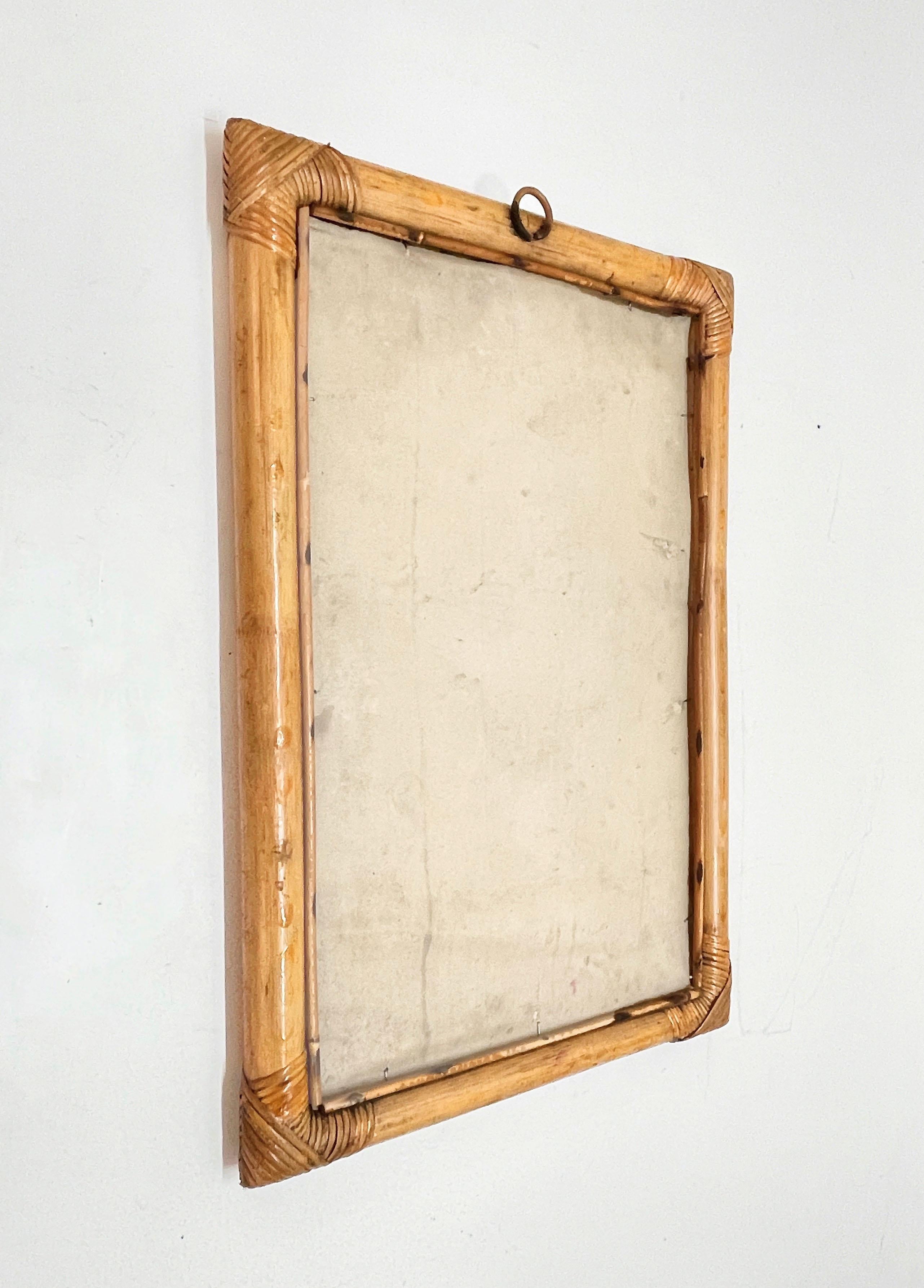 Midcentury Rectangular Italian Mirror, Double Bamboo Weaved Wicker Frame, 1960s 1