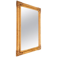 Midcentury Rectangular Italian Mirror, Double Bamboo Weaved Wicker Frame, 1960s