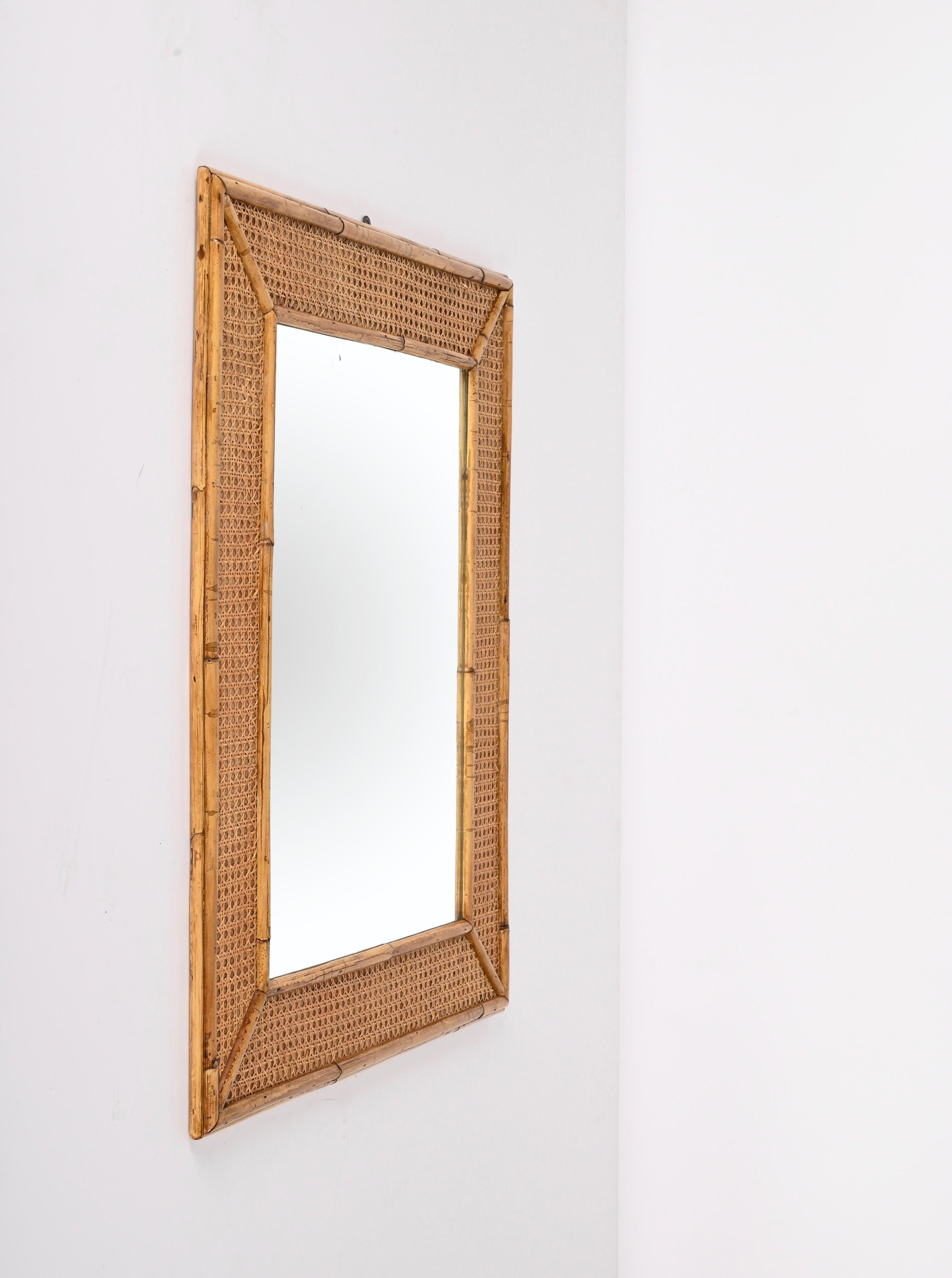 Midcentury Rectangular Italian Mirror with Bamboo and Vienna Straw Frame, 1970s For Sale 4