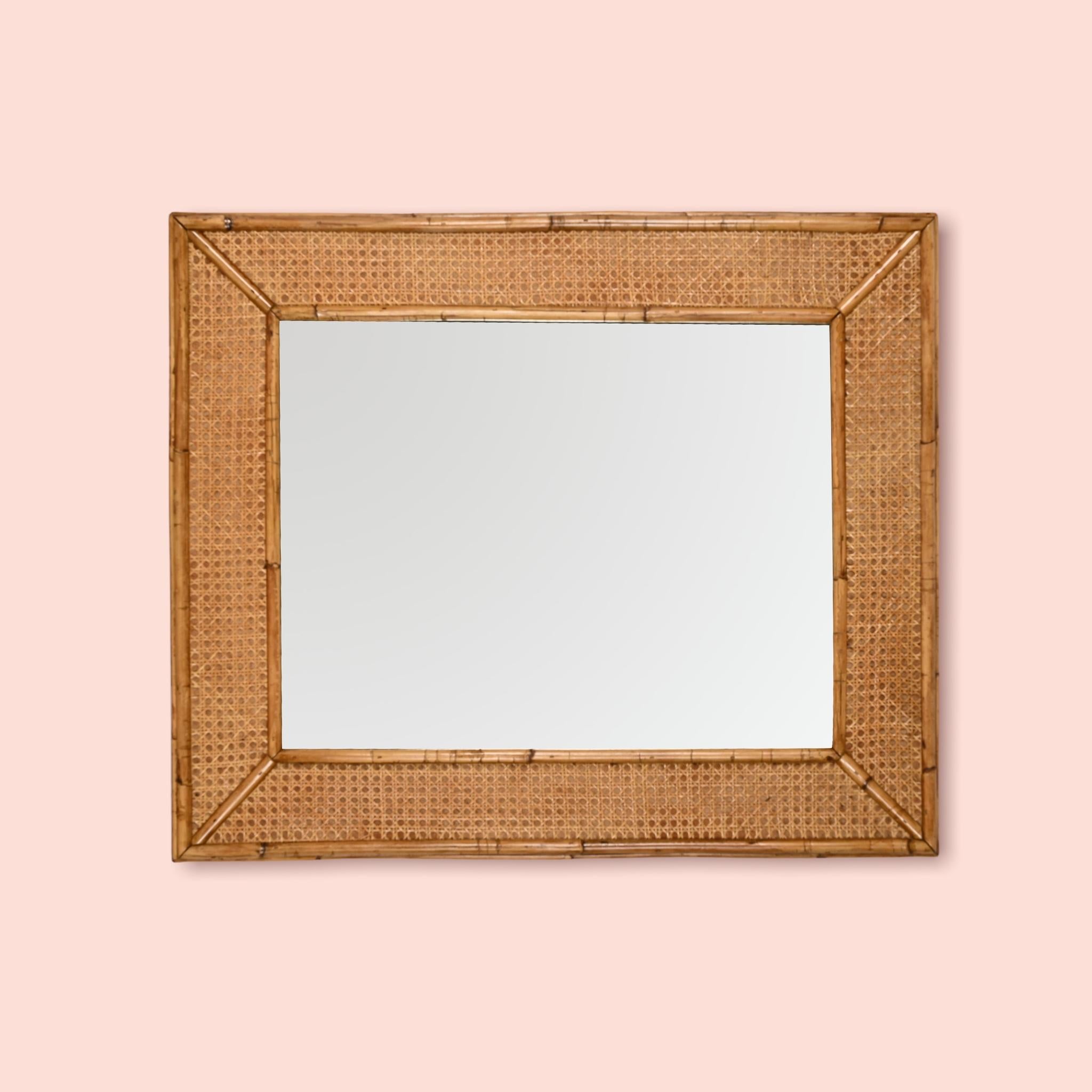 Midcentury Rectangular Italian Mirror with Bamboo and Vienna Straw Frame, 1970s For Sale 5