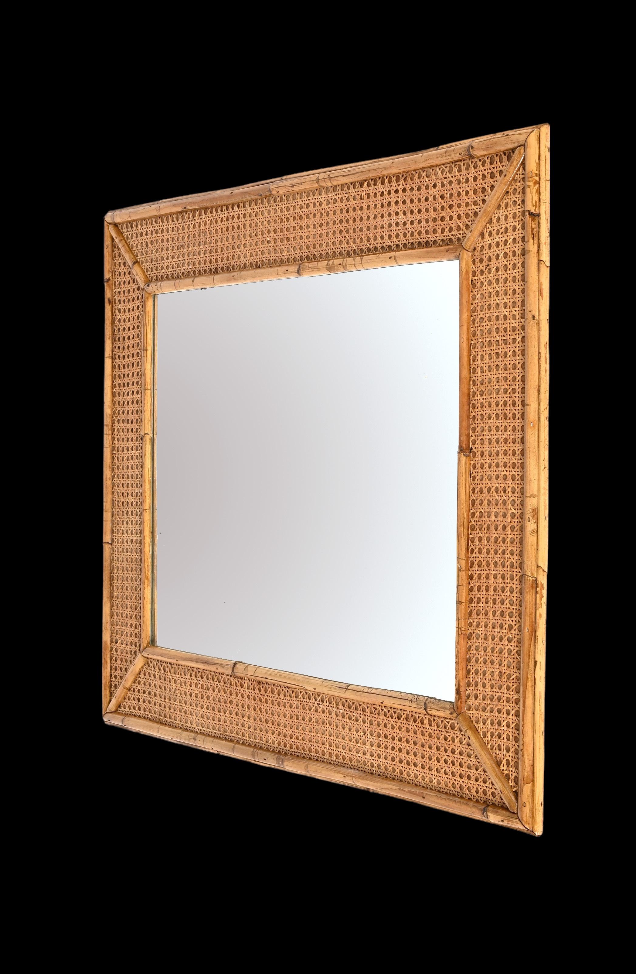 Midcentury Rectangular Italian Mirror with Bamboo and Vienna Straw Frame, 1970s For Sale 6