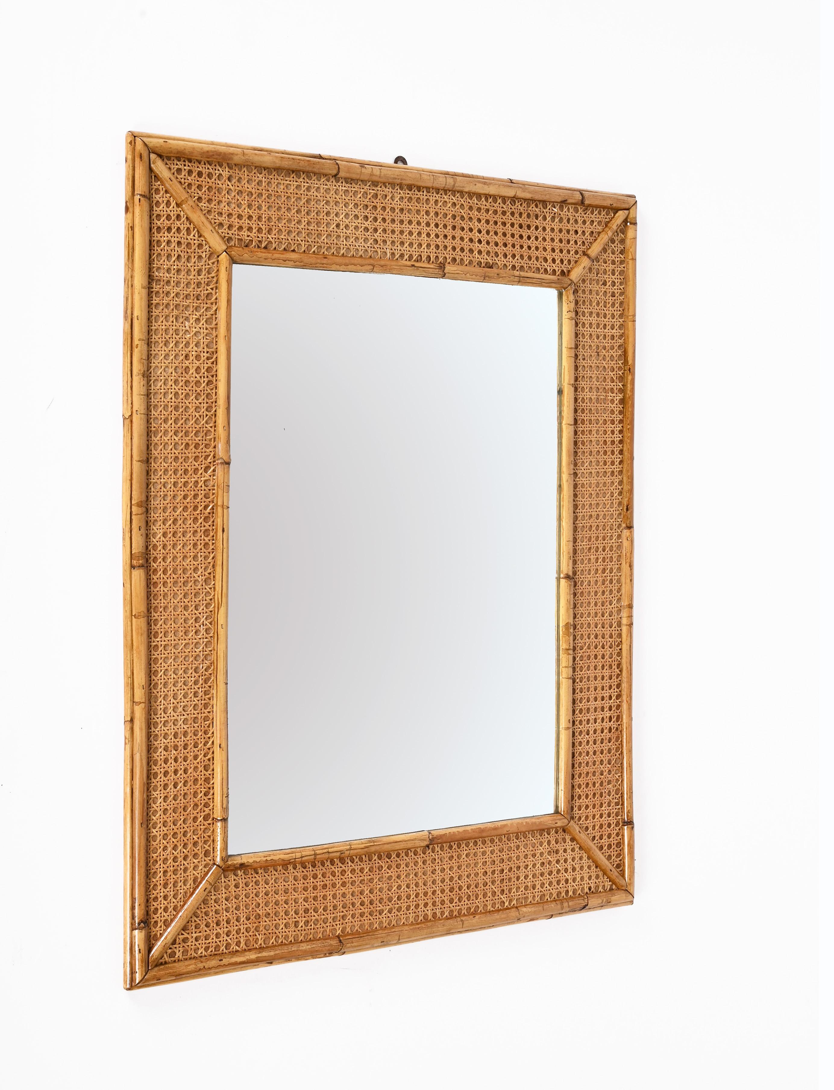 Midcentury Rectangular Italian Mirror with Bamboo and Vienna Straw Frame, 1970s For Sale 9