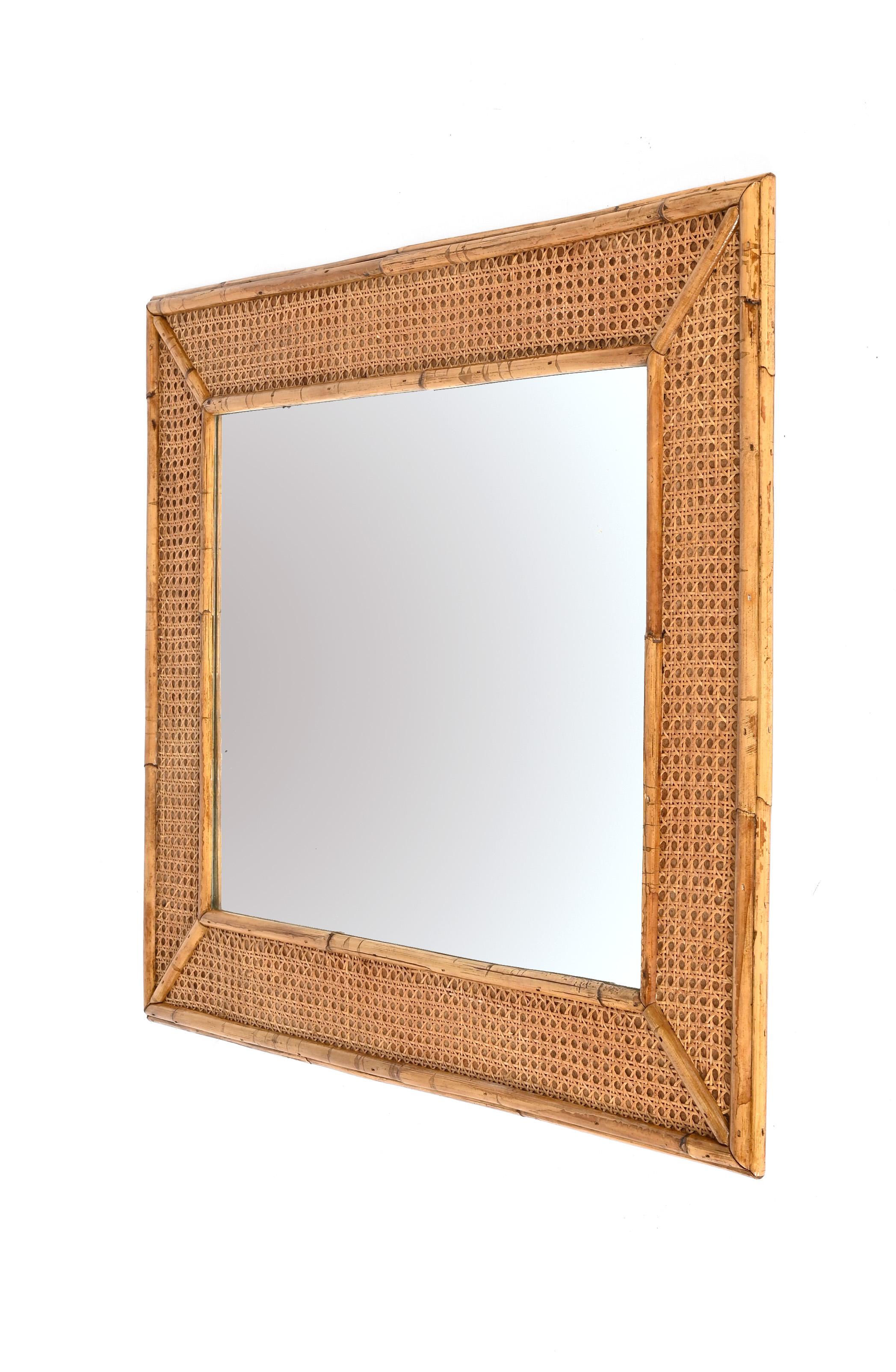 Midcentury Rectangular Italian Mirror with Bamboo and Vienna Straw Frame, 1970s For Sale 10