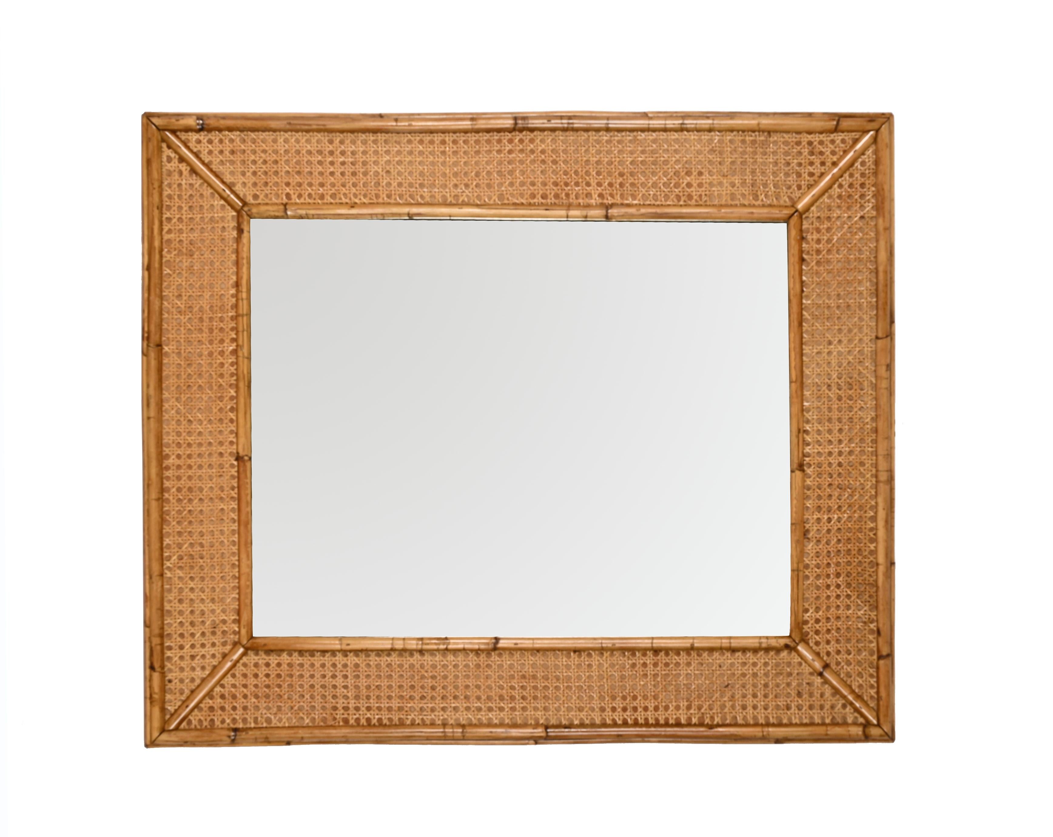 Midcentury Rectangular Italian Mirror with Bamboo and Vienna Straw Frame, 1970s For Sale 12