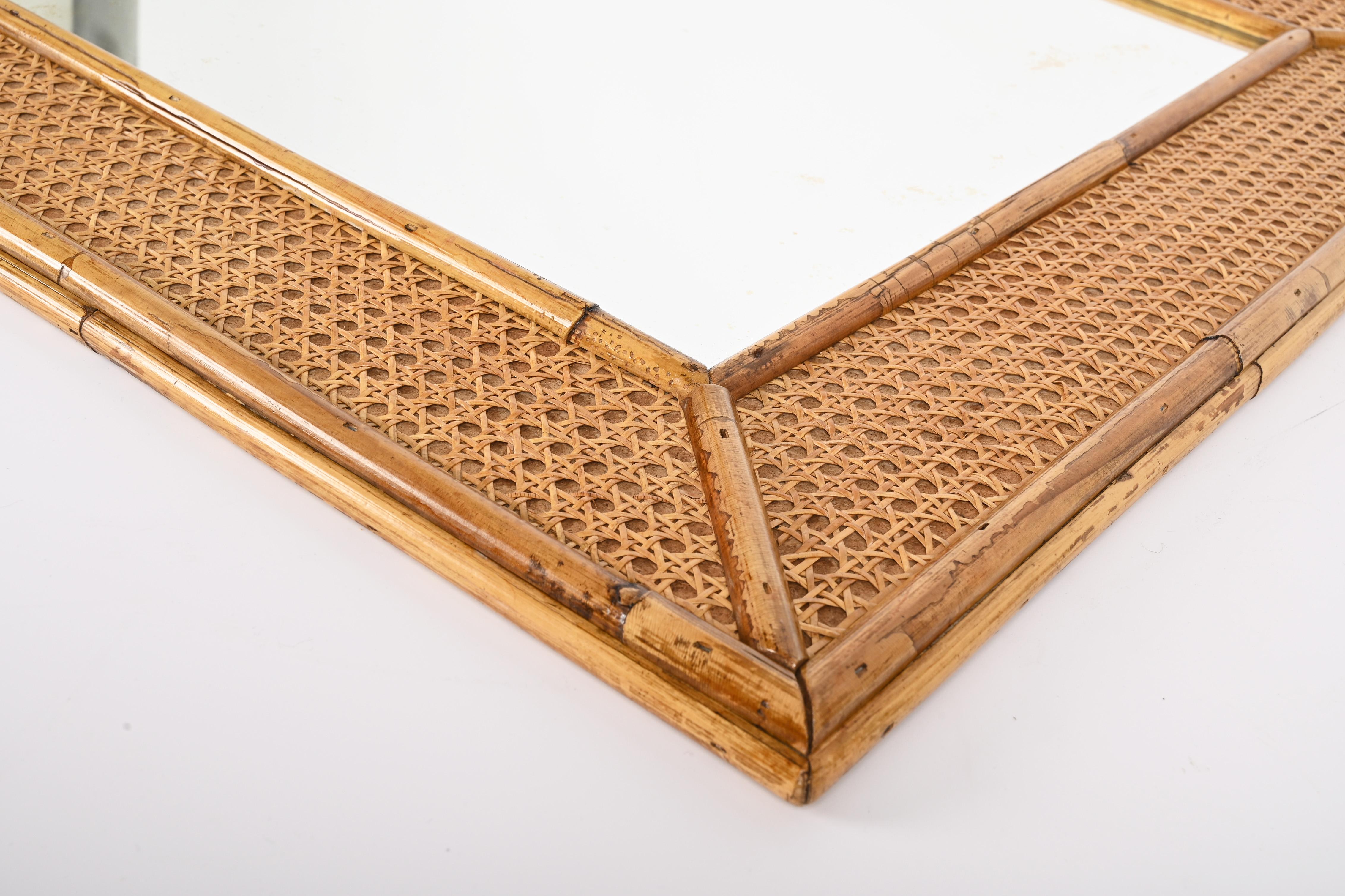 Midcentury Rectangular Italian Mirror with Bamboo and Vienna Straw Frame, 1970s For Sale 14