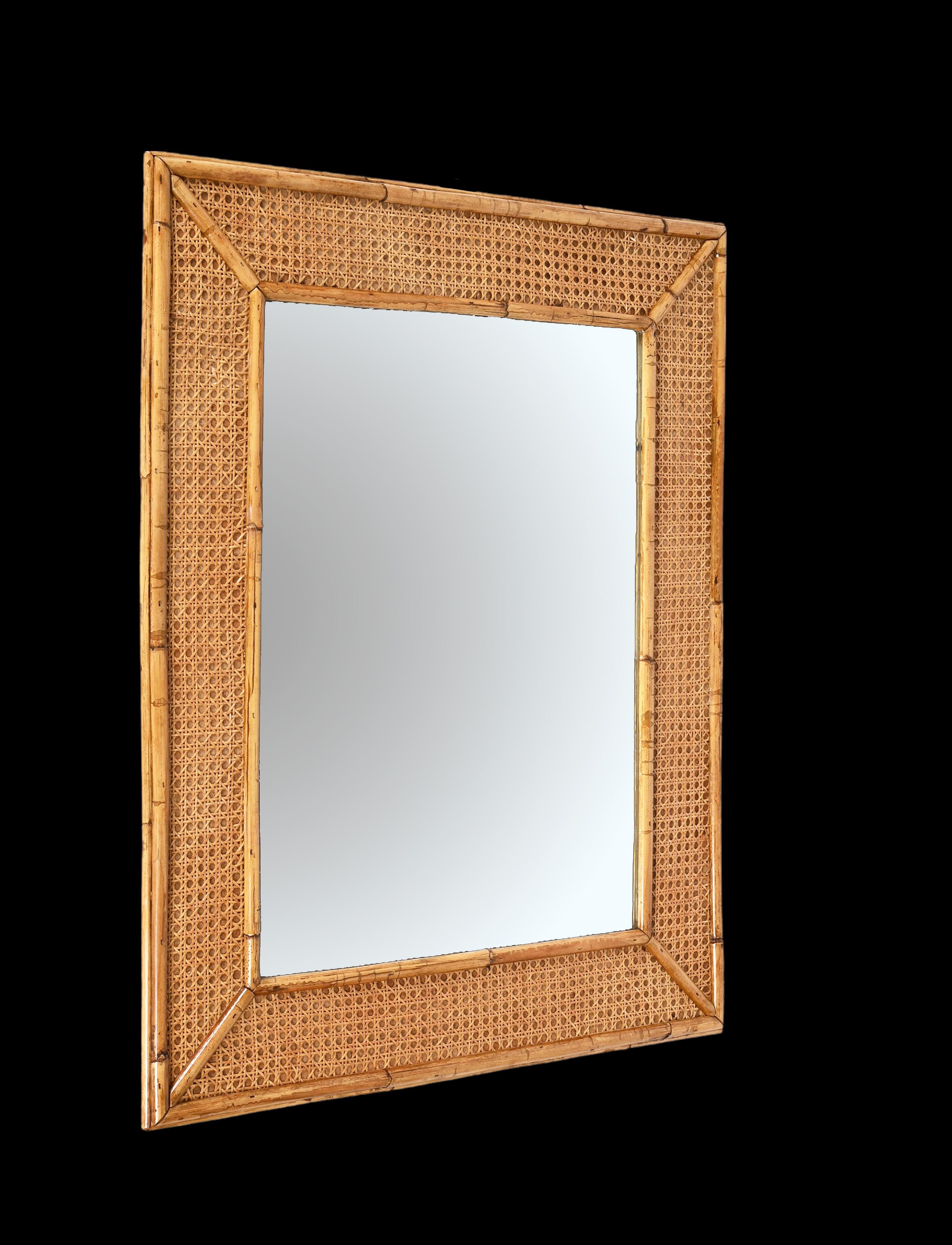 Mid-Century Modern Midcentury Rectangular Italian Mirror with Bamboo and Vienna Straw Frame, 1970s For Sale