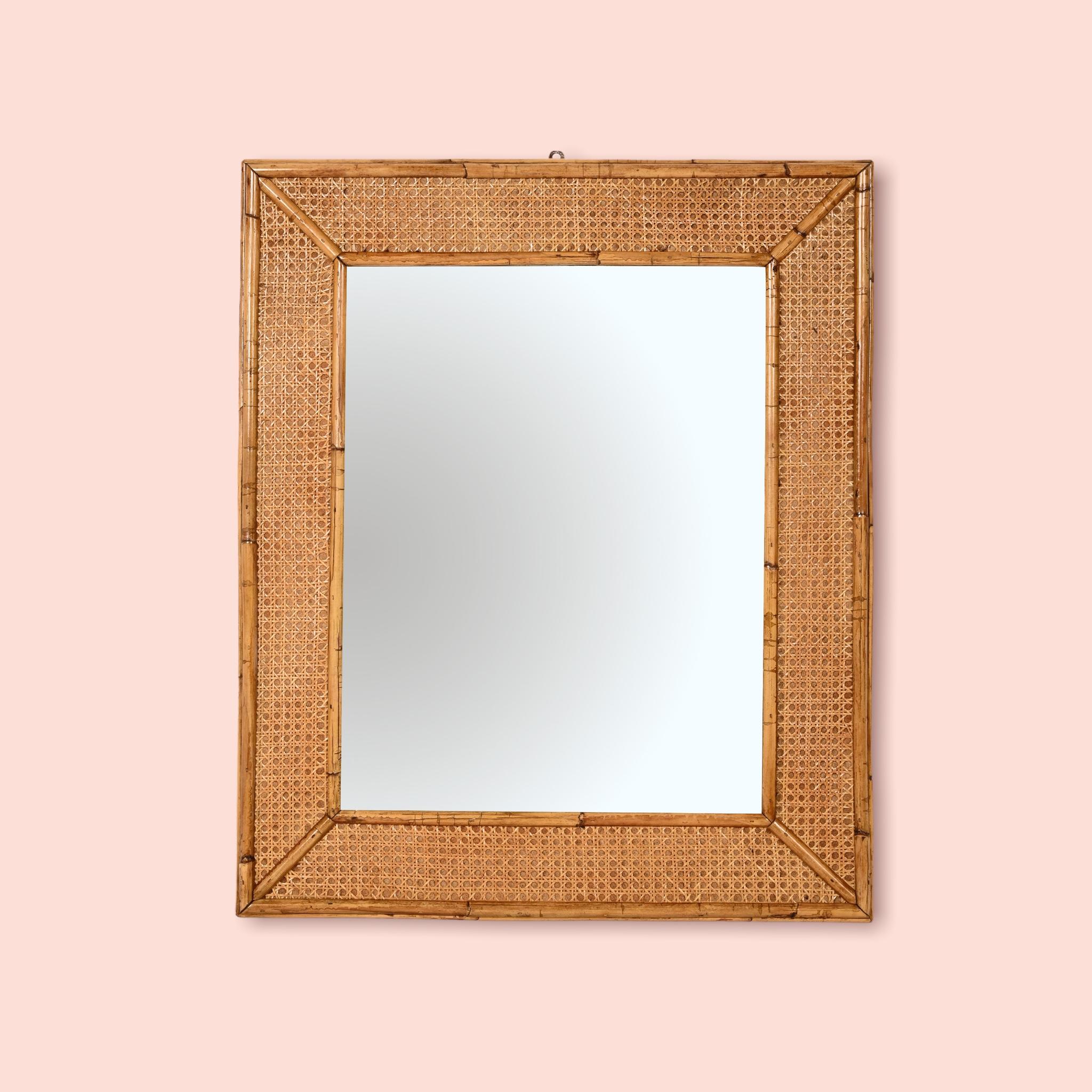 Midcentury Rectangular Italian Mirror with Bamboo and Vienna Straw Frame, 1970s For Sale 2
