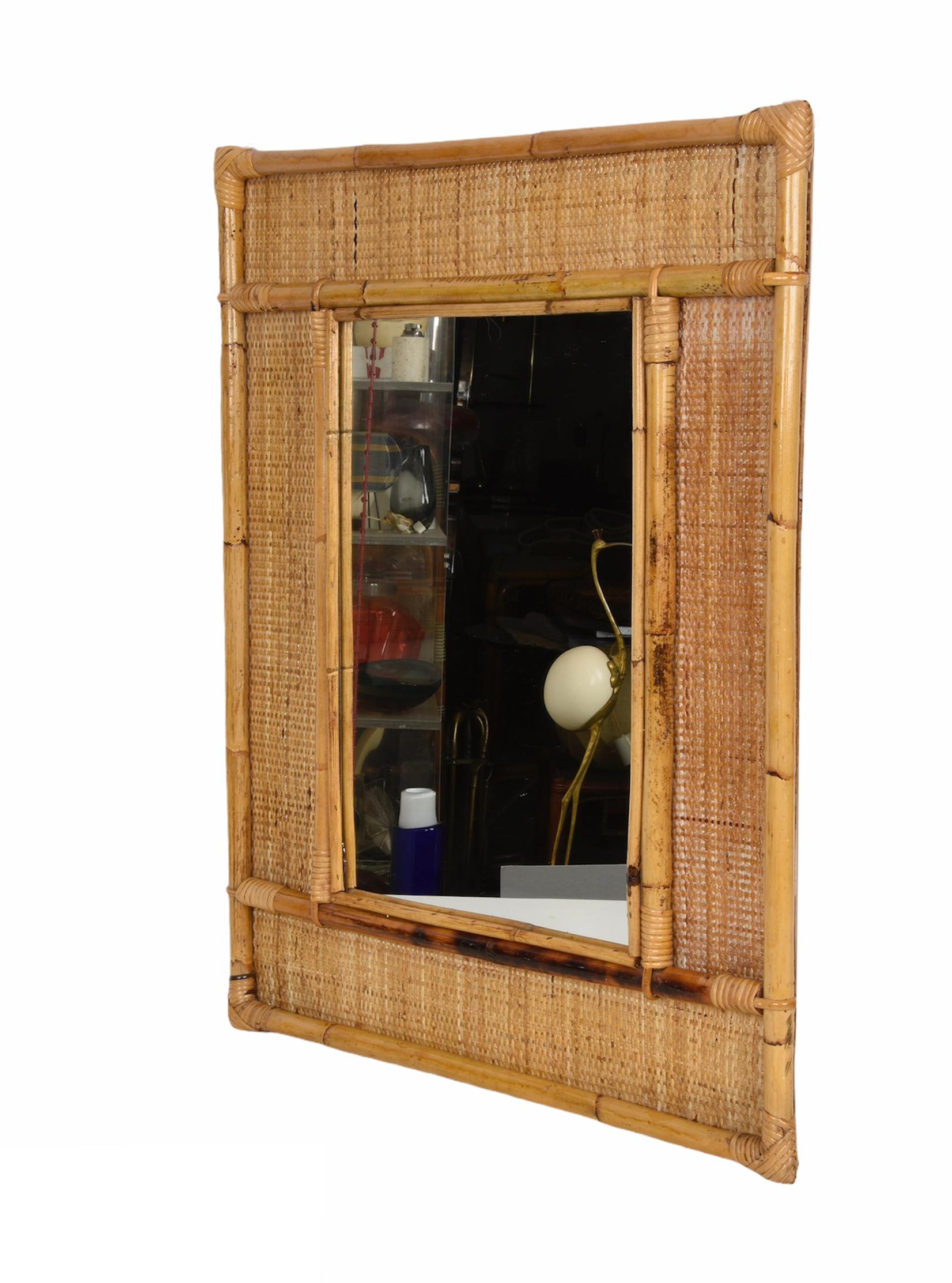 Midcentury Rectangular Italian Mirror with Bamboo and Woven Wicker Frame, 1970s 5