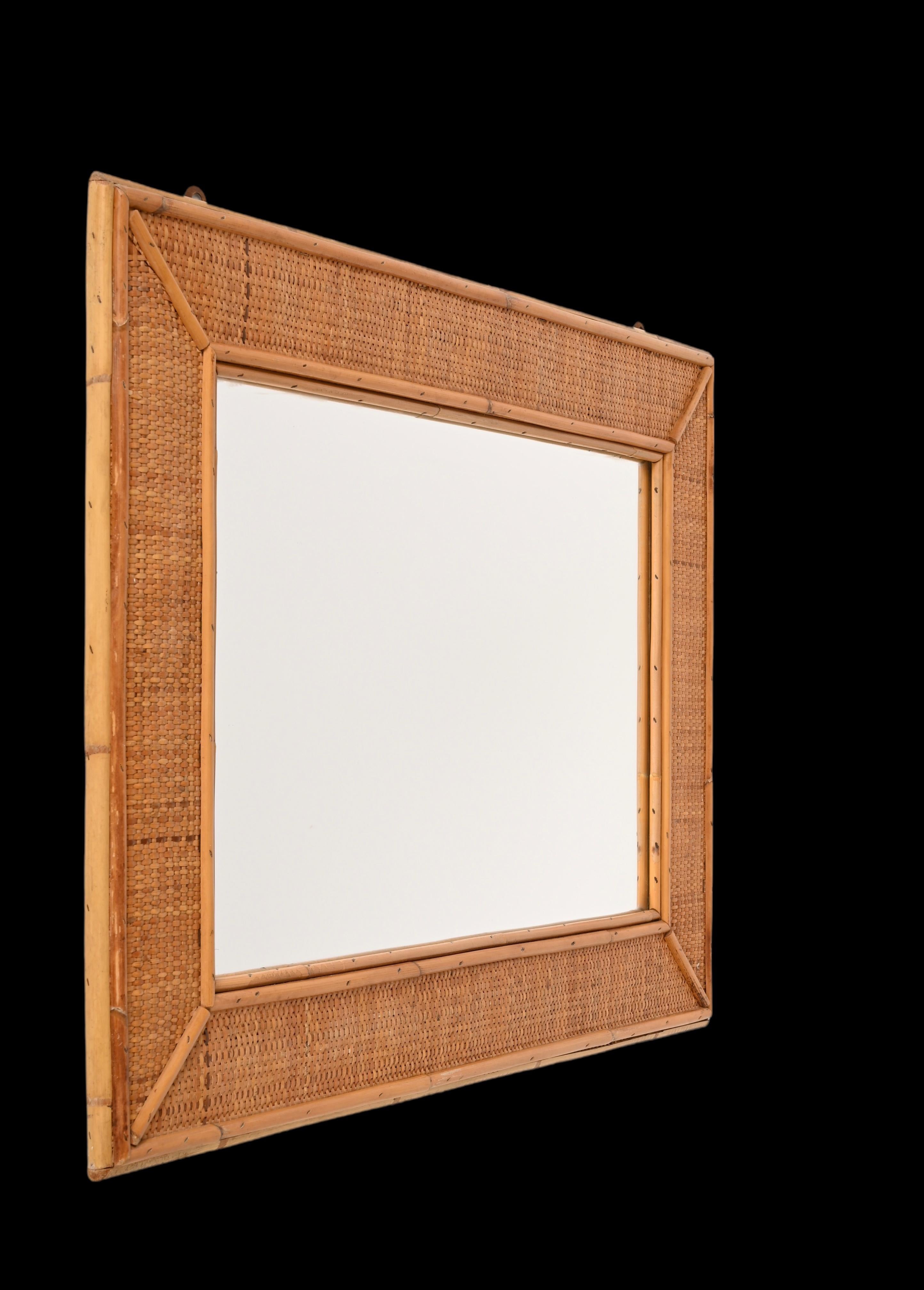 Midcentury Rectangular Italian Mirror with Bamboo and Woven Wicker Frame, 1970s For Sale 5