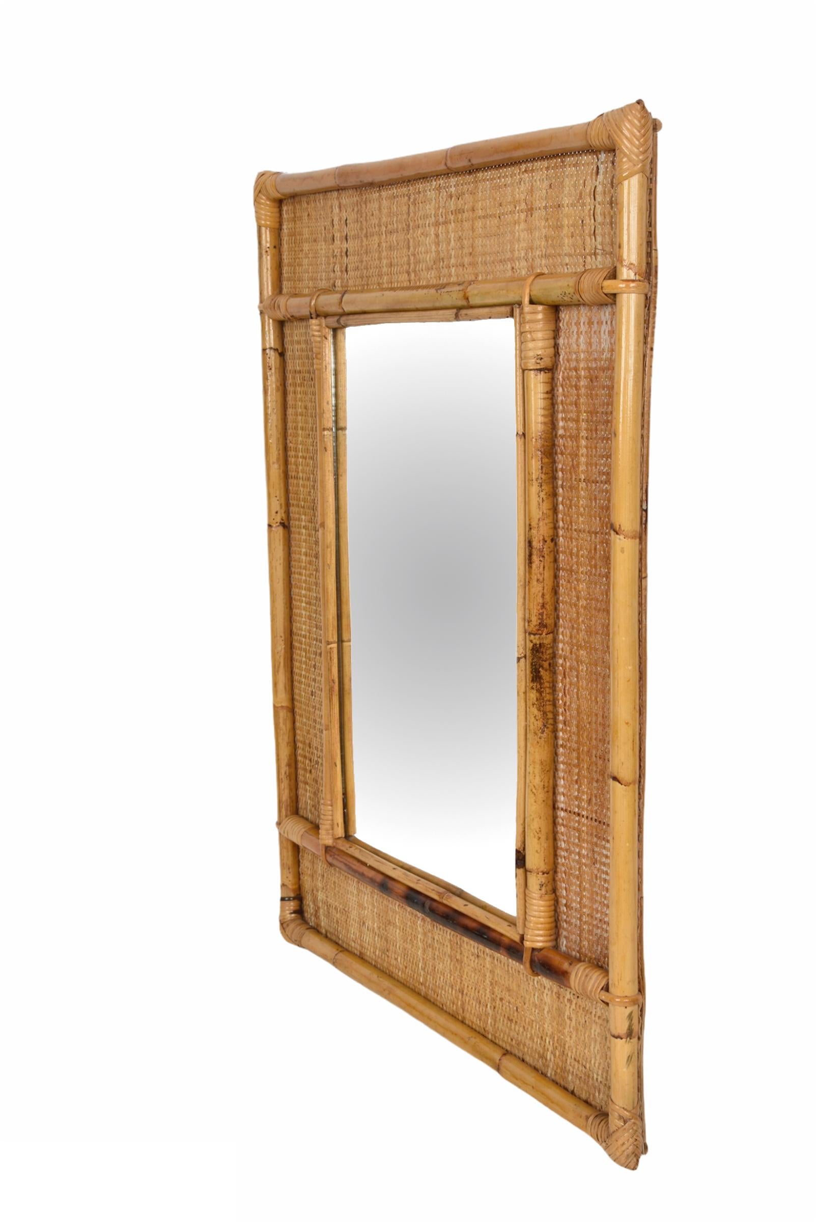 Midcentury Rectangular Italian Mirror with Bamboo and Woven Wicker Frame, 1970s 6