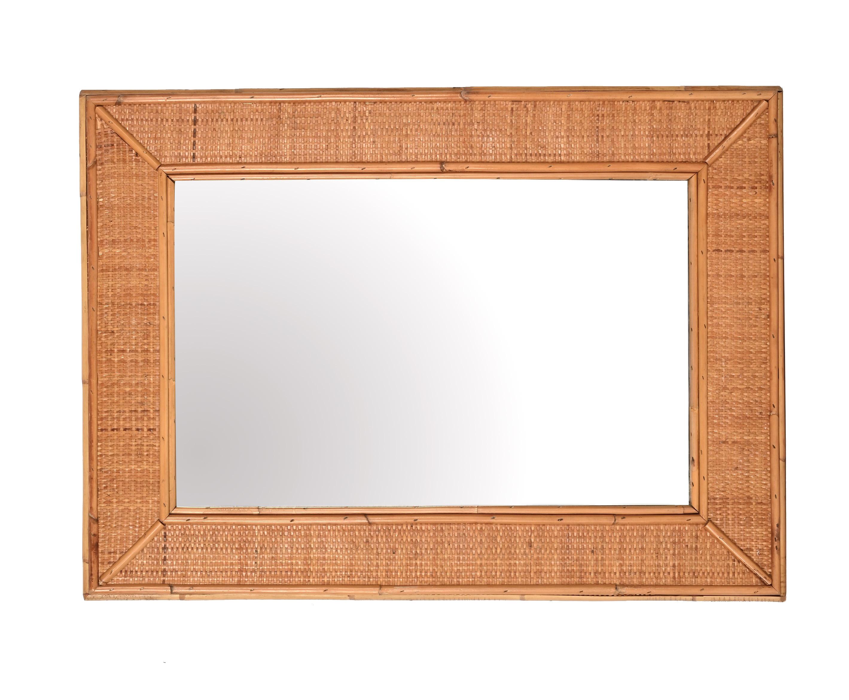 Midcentury Rectangular Italian Mirror with Bamboo and Woven Wicker Frame, 1970s For Sale 6
