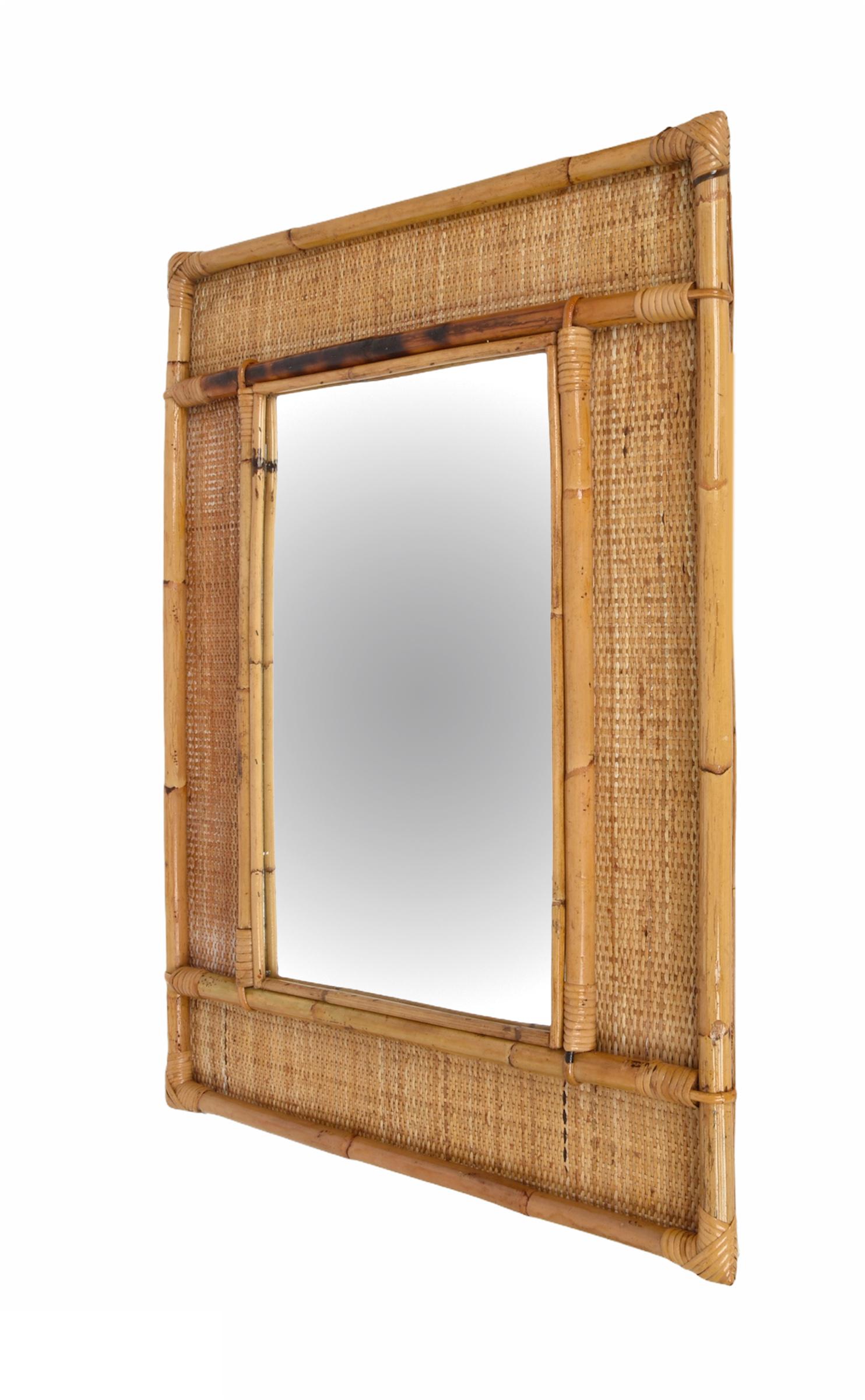 Midcentury Rectangular Italian Mirror with Bamboo and Woven Wicker Frame, 1970s 7