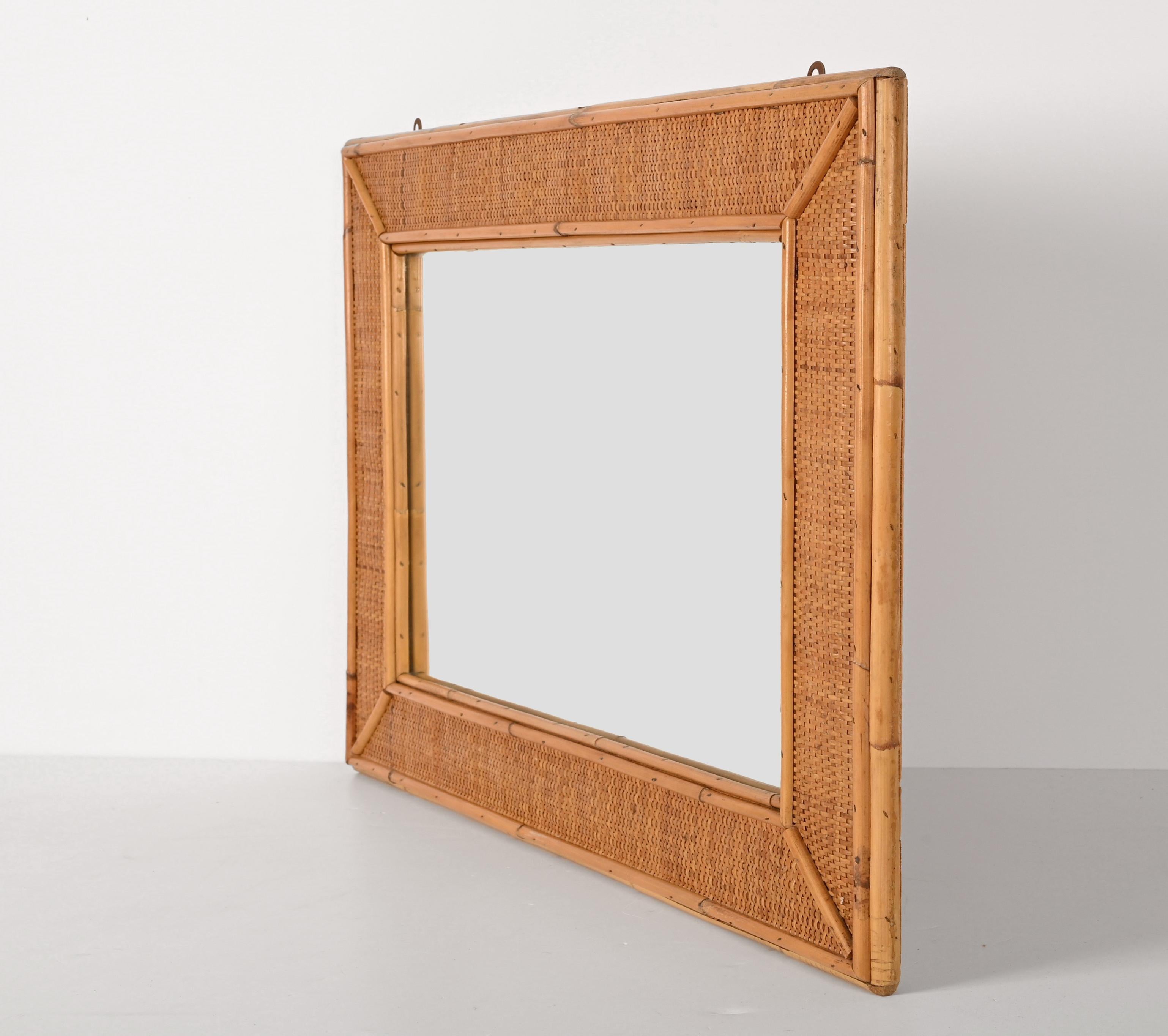 Midcentury Rectangular Italian Mirror with Bamboo and Woven Wicker Frame, 1970s For Sale 7