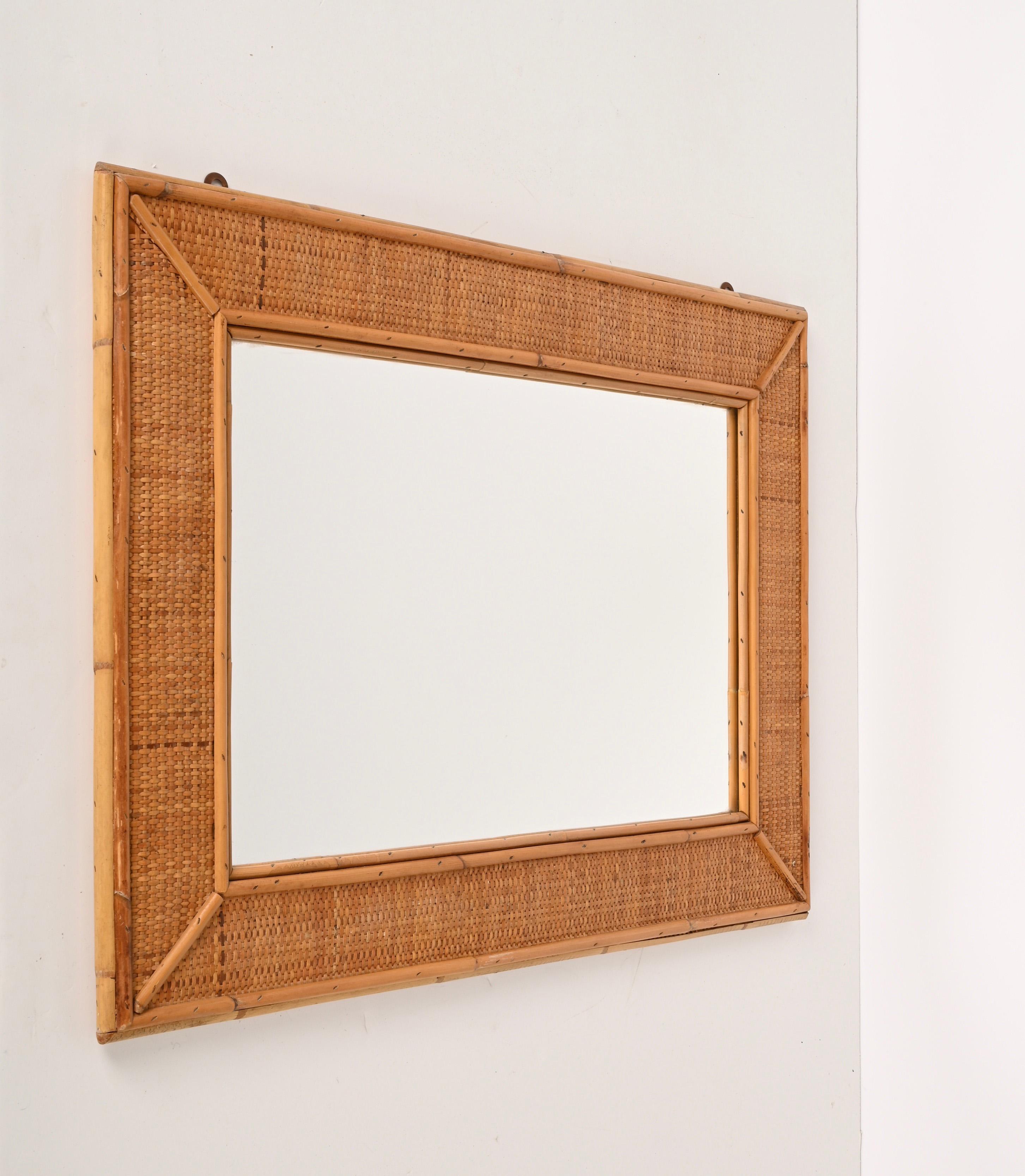 Midcentury Rectangular Italian Mirror with Bamboo and Woven Wicker Frame, 1970s For Sale 8