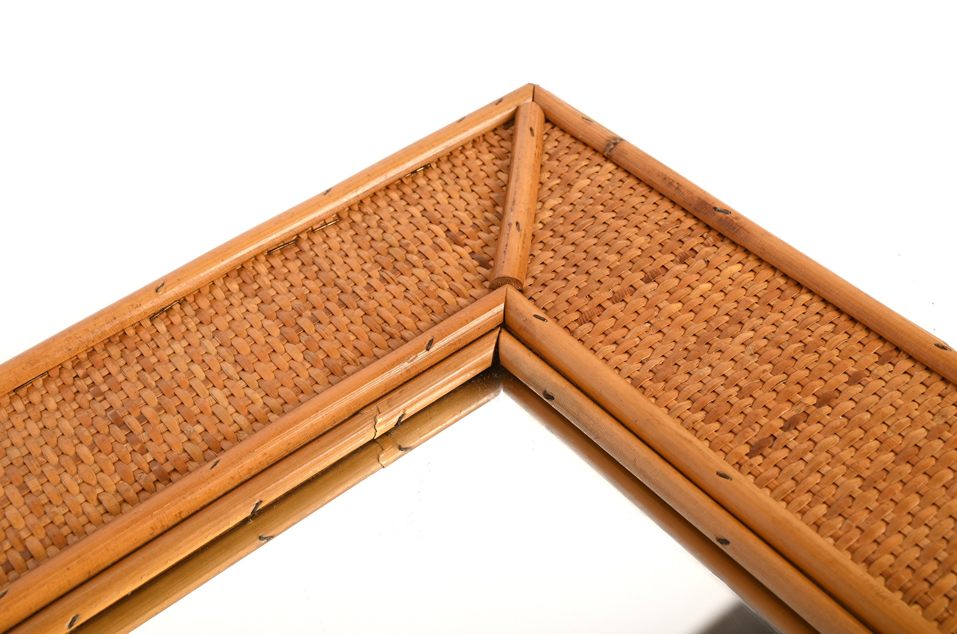 Midcentury Rectangular Italian Mirror with Bamboo and Woven Wicker Frame, 1970s For Sale 9
