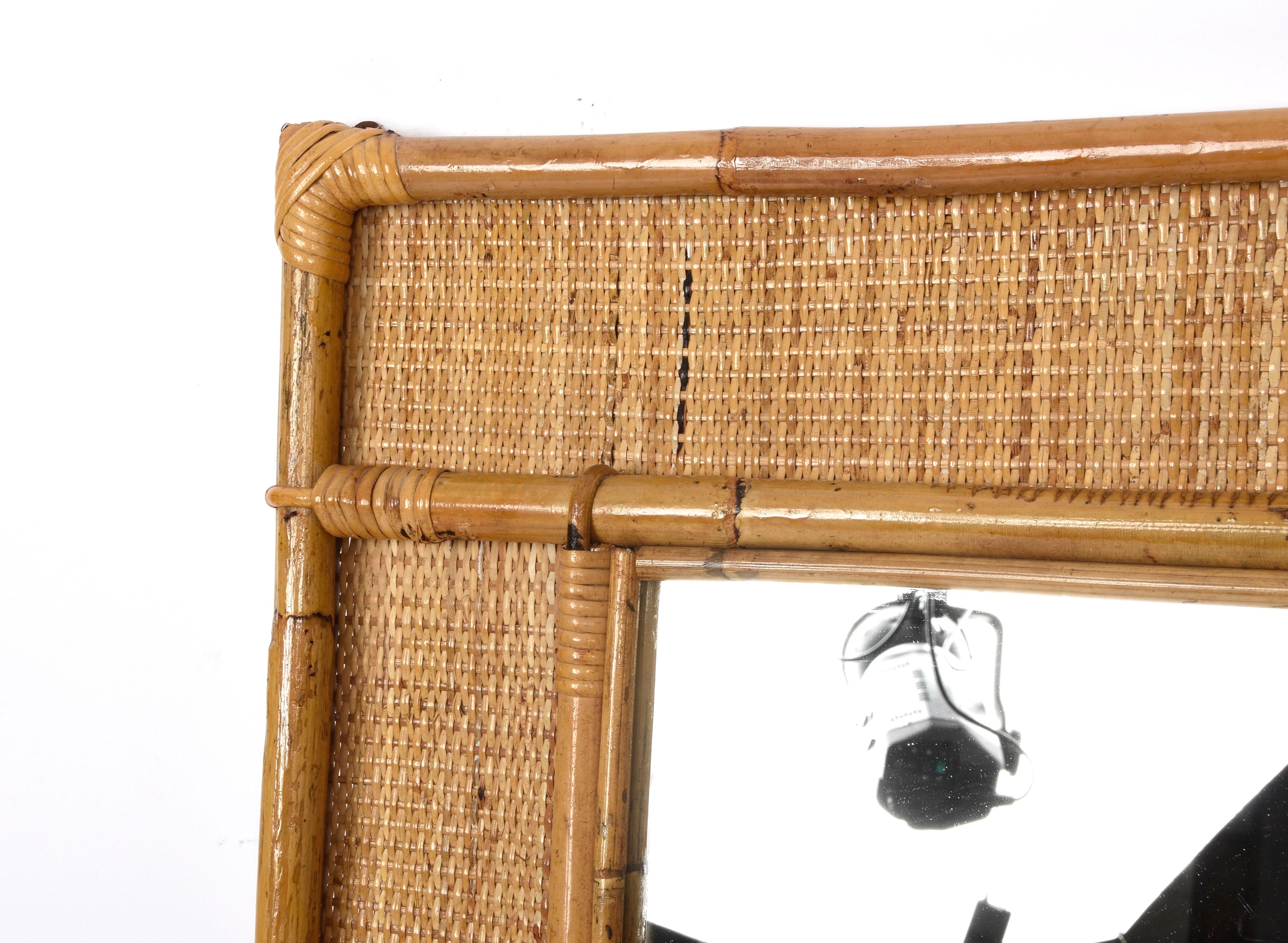 Midcentury Rectangular Italian Mirror with Bamboo and Woven Wicker Frame, 1970s 10