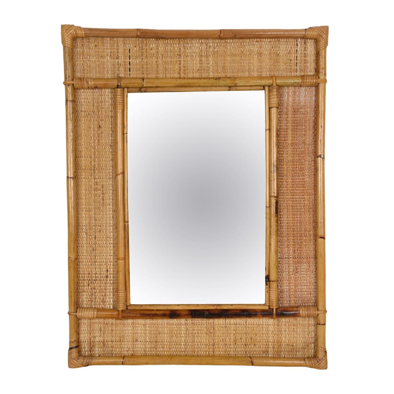 Midcentury Rectangular Italian Mirror with Bamboo and Woven Wicker Frame, 1970s In Good Condition In Roma, IT