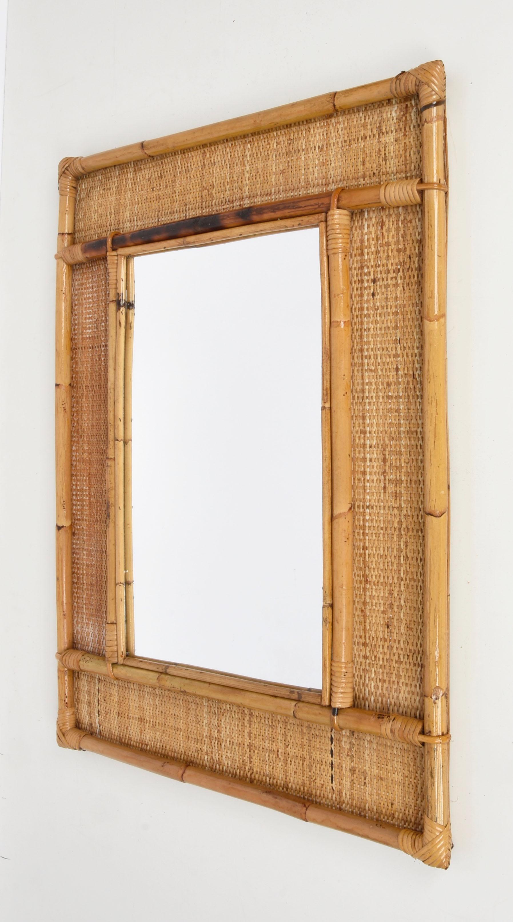 20th Century Midcentury Rectangular Italian Mirror with Bamboo and Woven Wicker Frame, 1970s