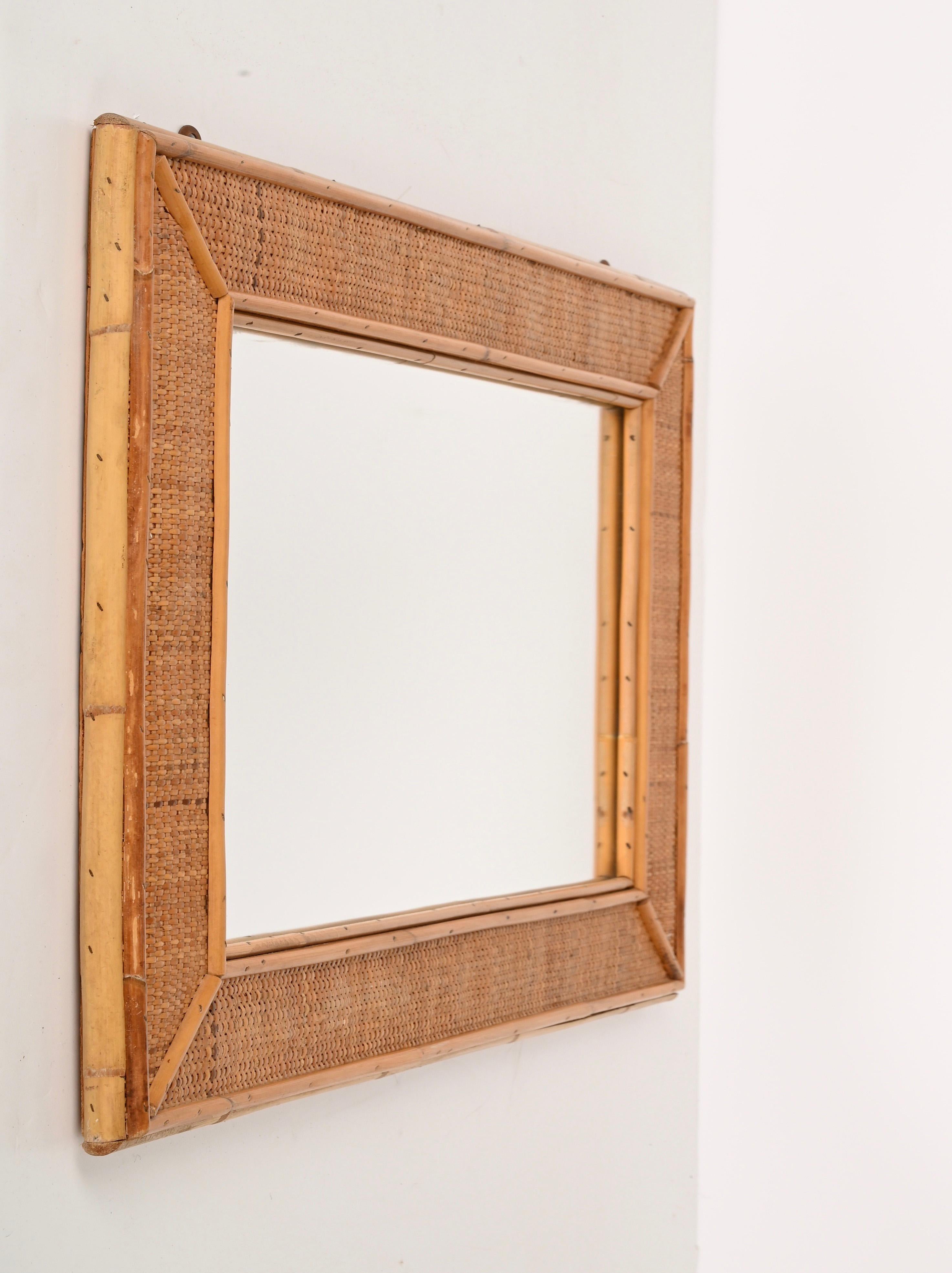 Midcentury Rectangular Italian Mirror with Bamboo and Woven Wicker Frame, 1970s For Sale 1