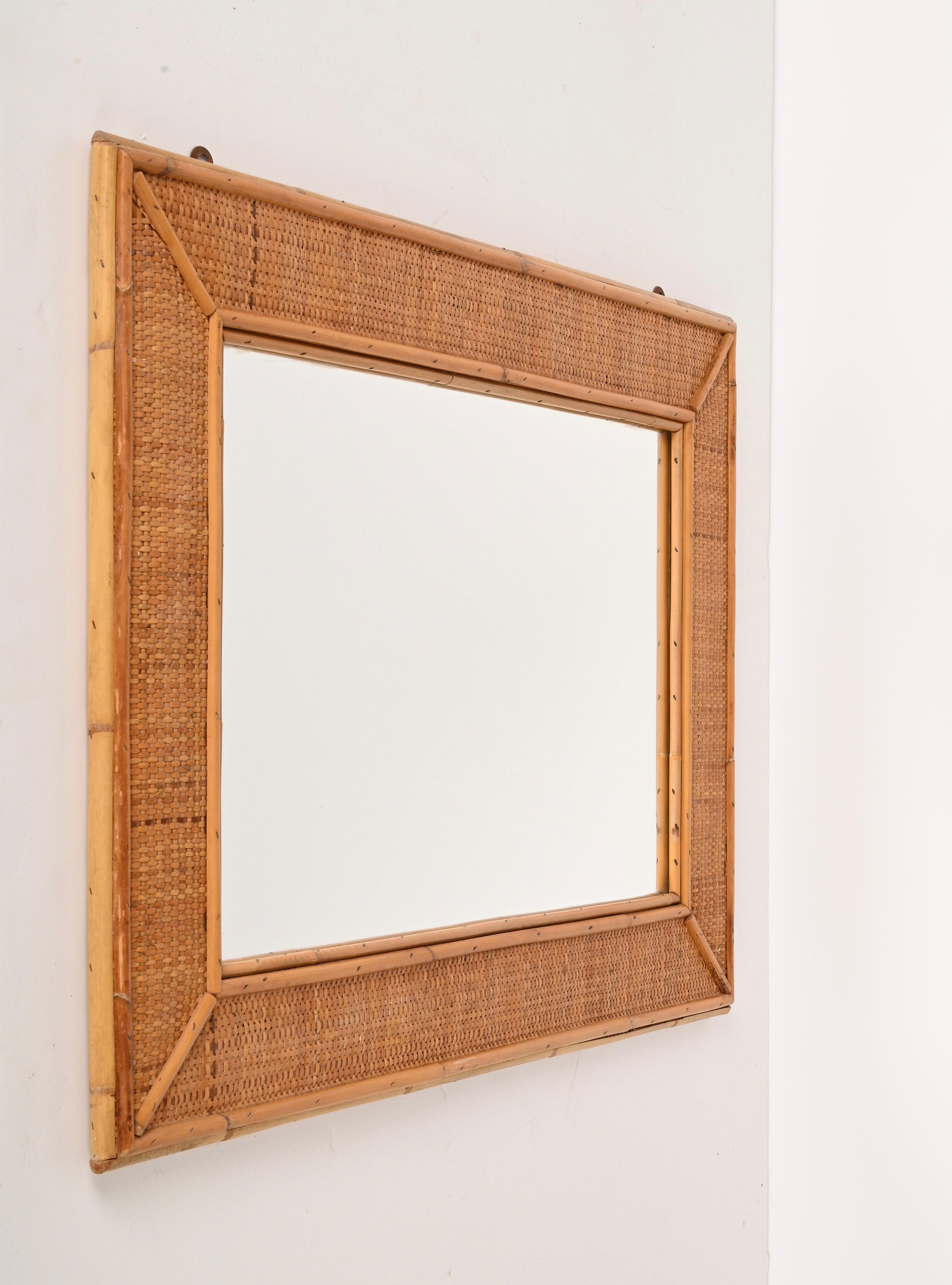Midcentury Rectangular Italian Mirror with Bamboo and Woven Wicker Frame, 1970s For Sale 3