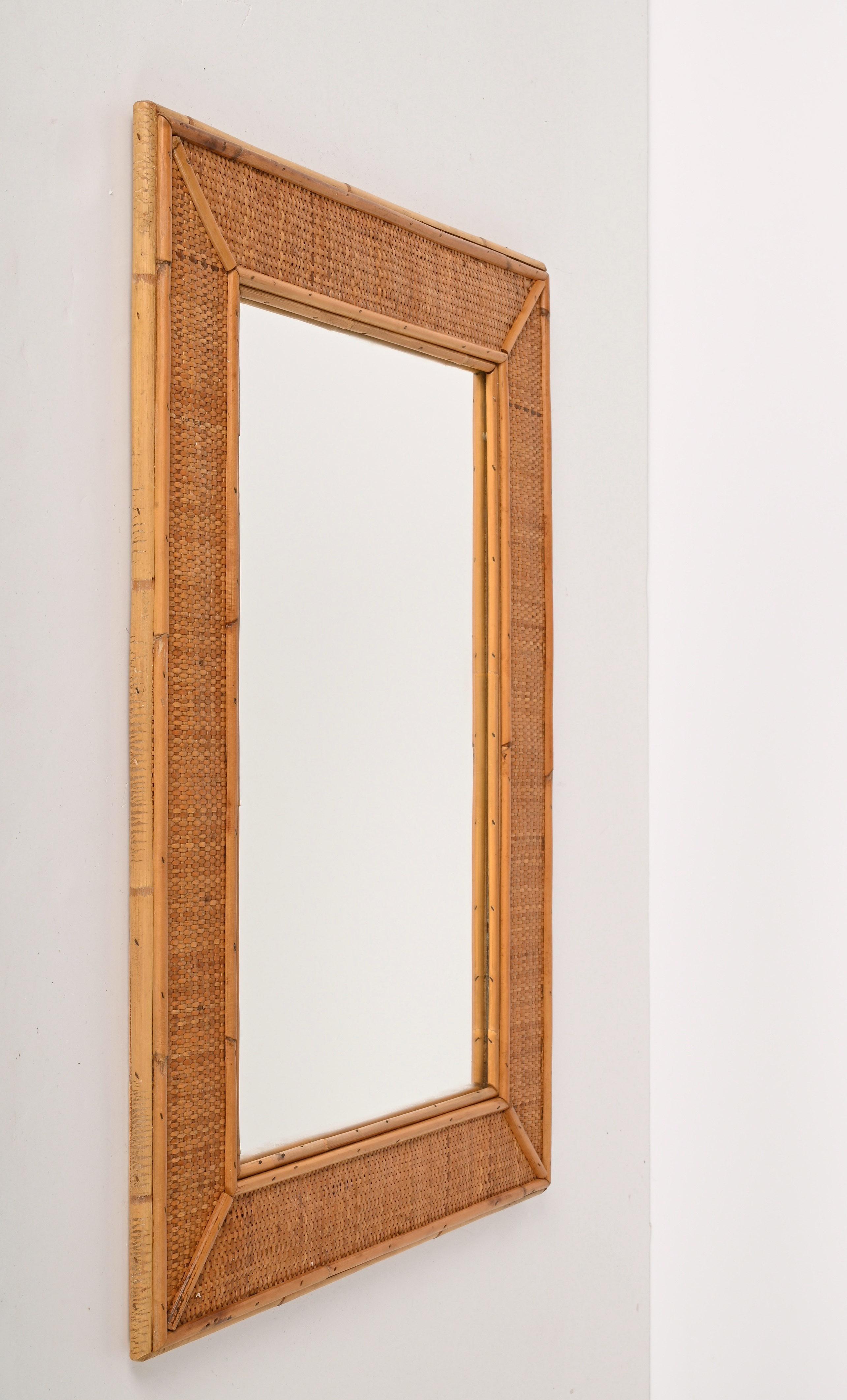 Midcentury Rectangular Italian Mirror with Bamboo and Woven Wicker Frame, 1970s For Sale 4
