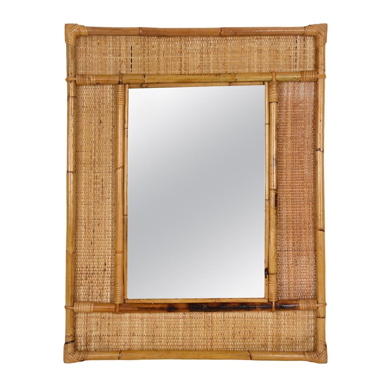 Midcentury Rectangular Italian Mirror with Bamboo and Woven Wicker Frame, 1970s