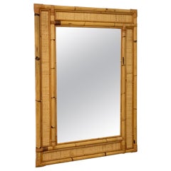 Midcentury Rectangular Italian Mirror with Bamboo and Woven Wicker Frame, 1970s