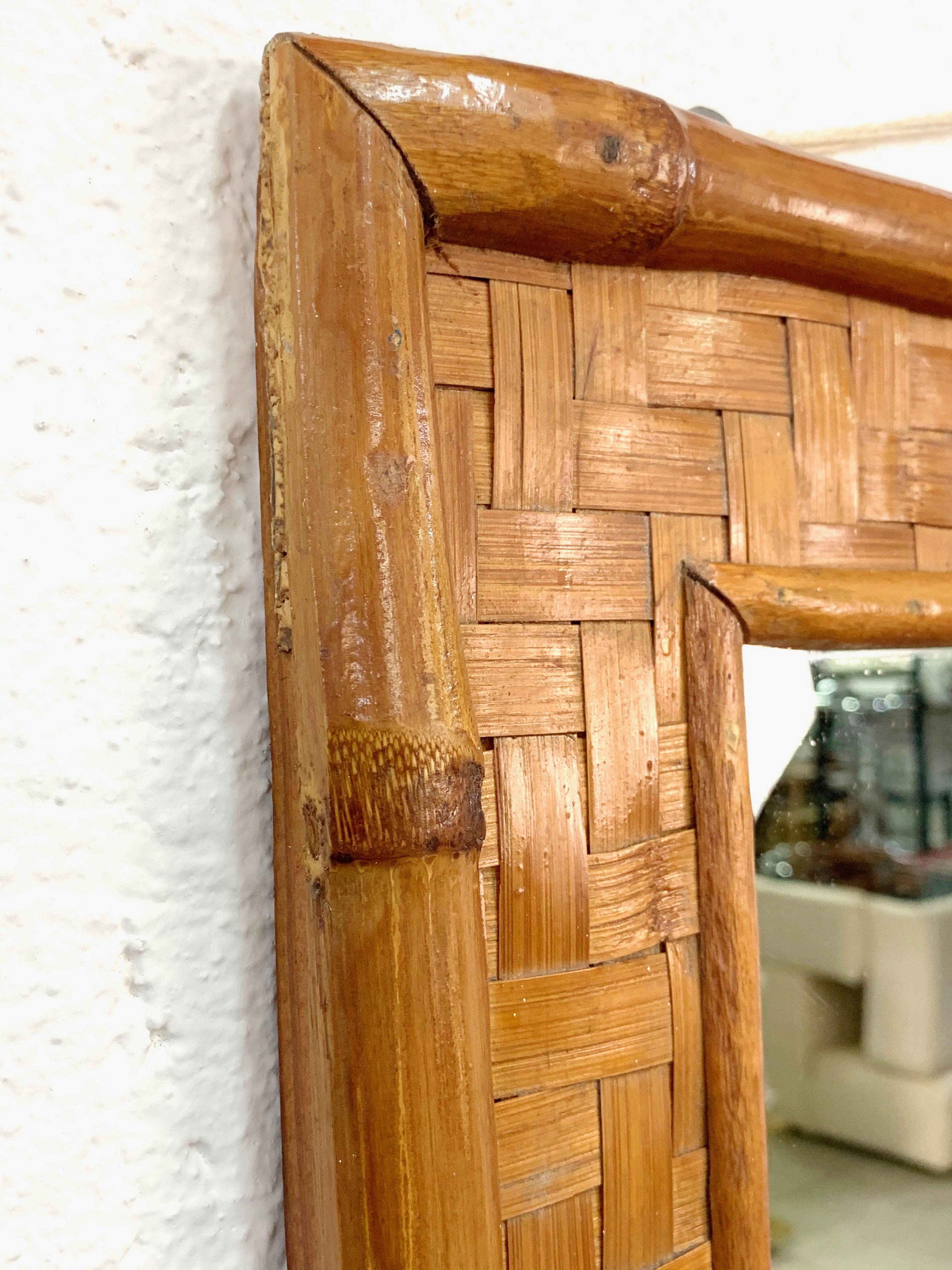 Midcentury Rectangular Italian Mirror with Bamboo Wicker Woven Frame, 1960s In Good Condition In Roma, IT