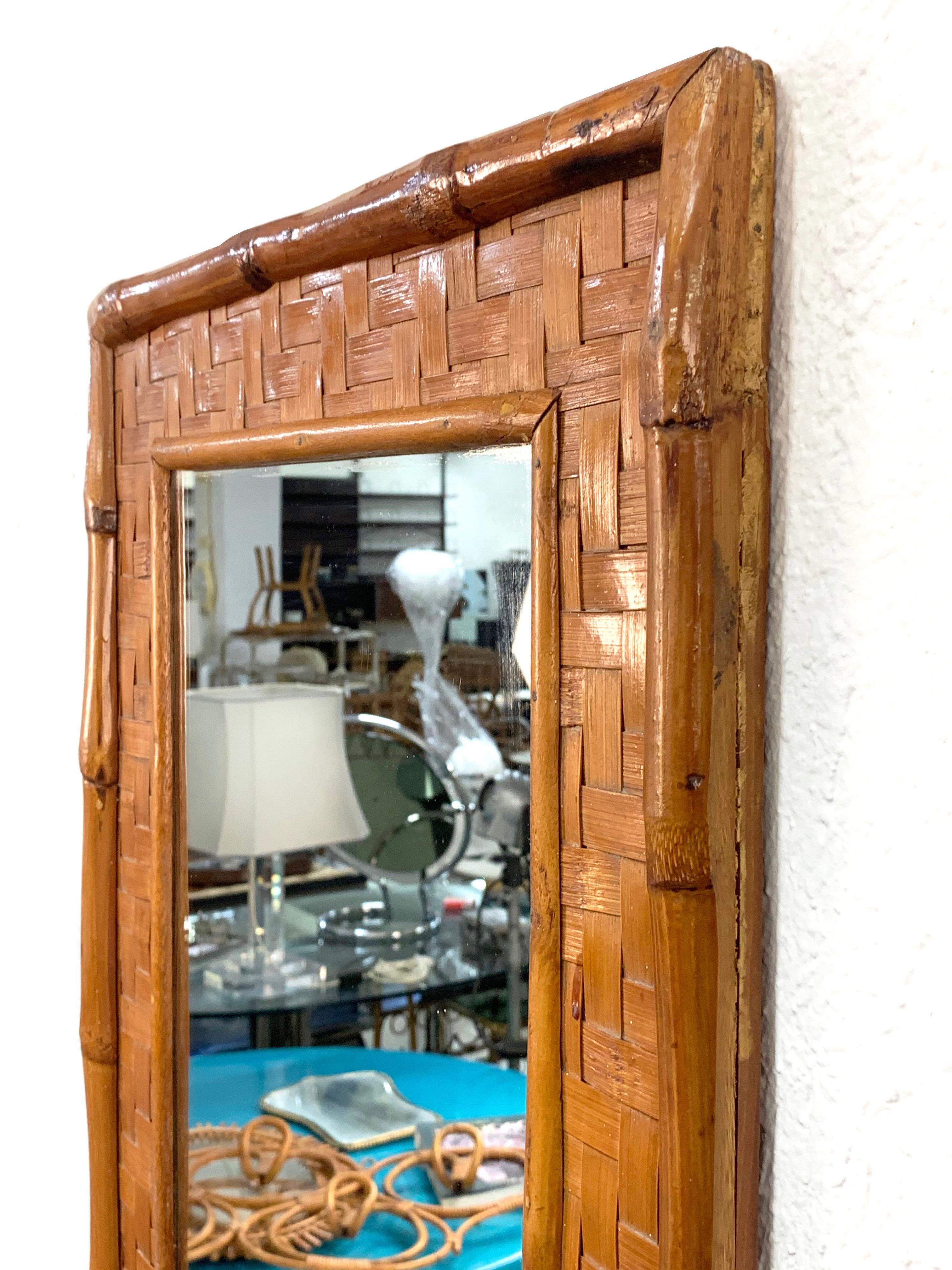 20th Century Midcentury Rectangular Italian Mirror with Bamboo Wicker Woven Frame, 1960s
