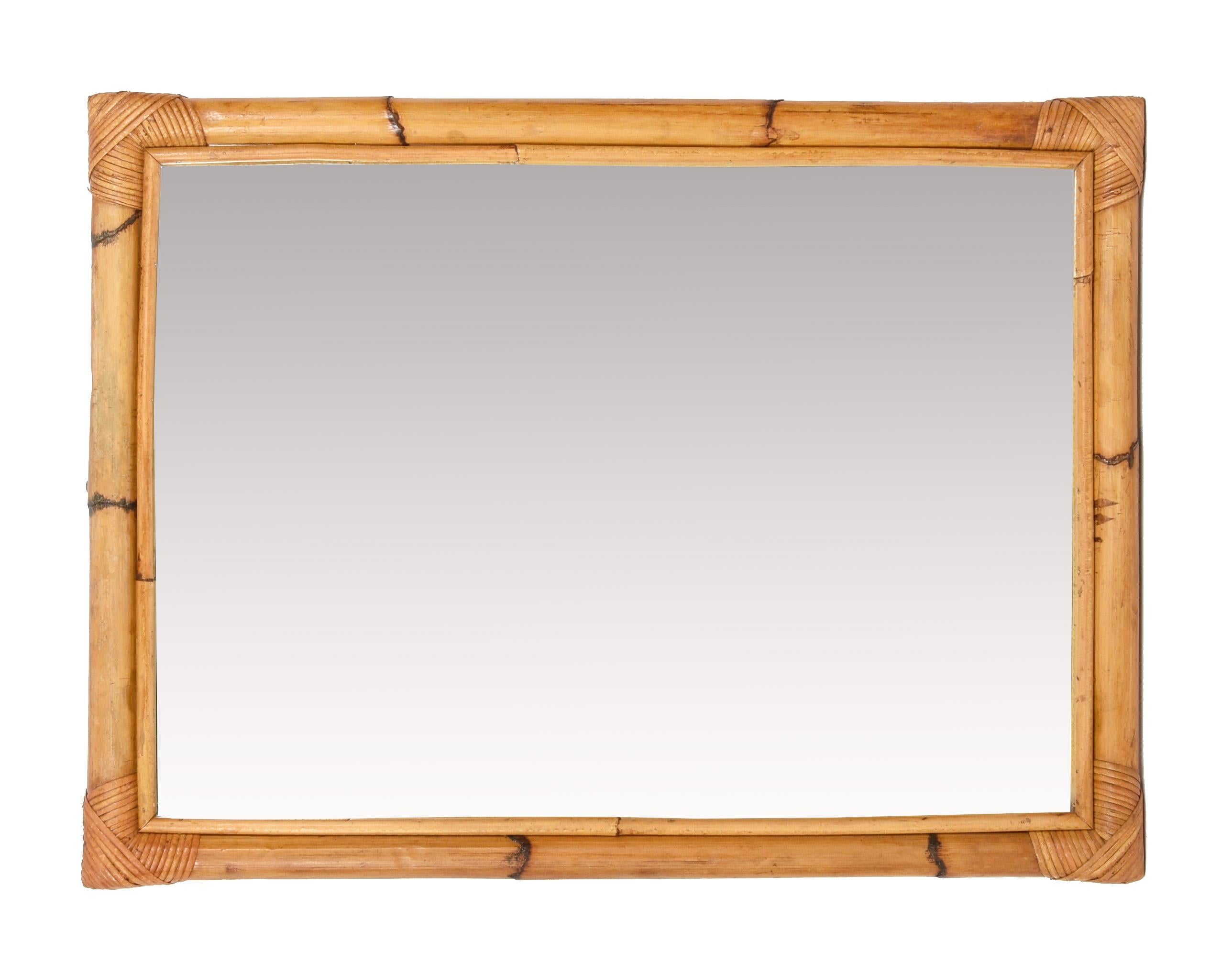 Midcentury Rectangular Italian Mirror with Double Bamboo Cane Frame, 1970s 5