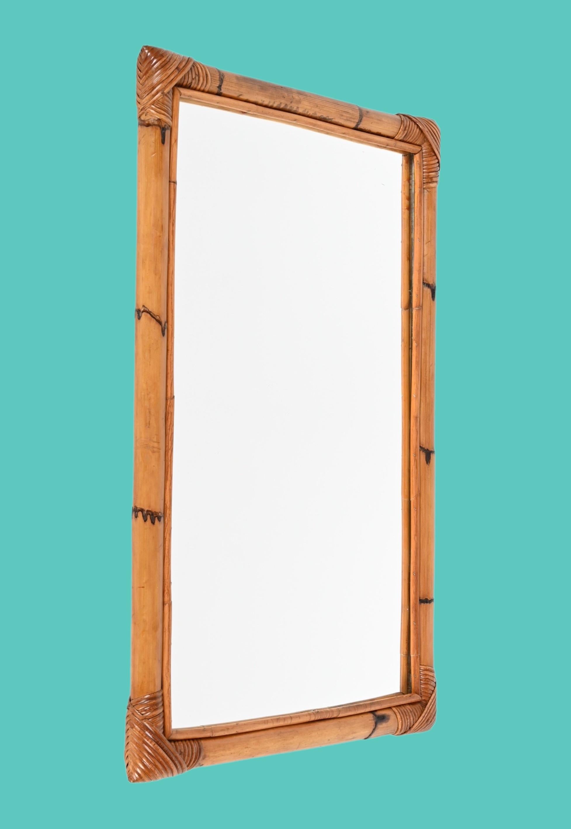 Miroir italien rectangulaire du milieu du siècle avec cadre à double canne de bambou, 1970 en vente 4