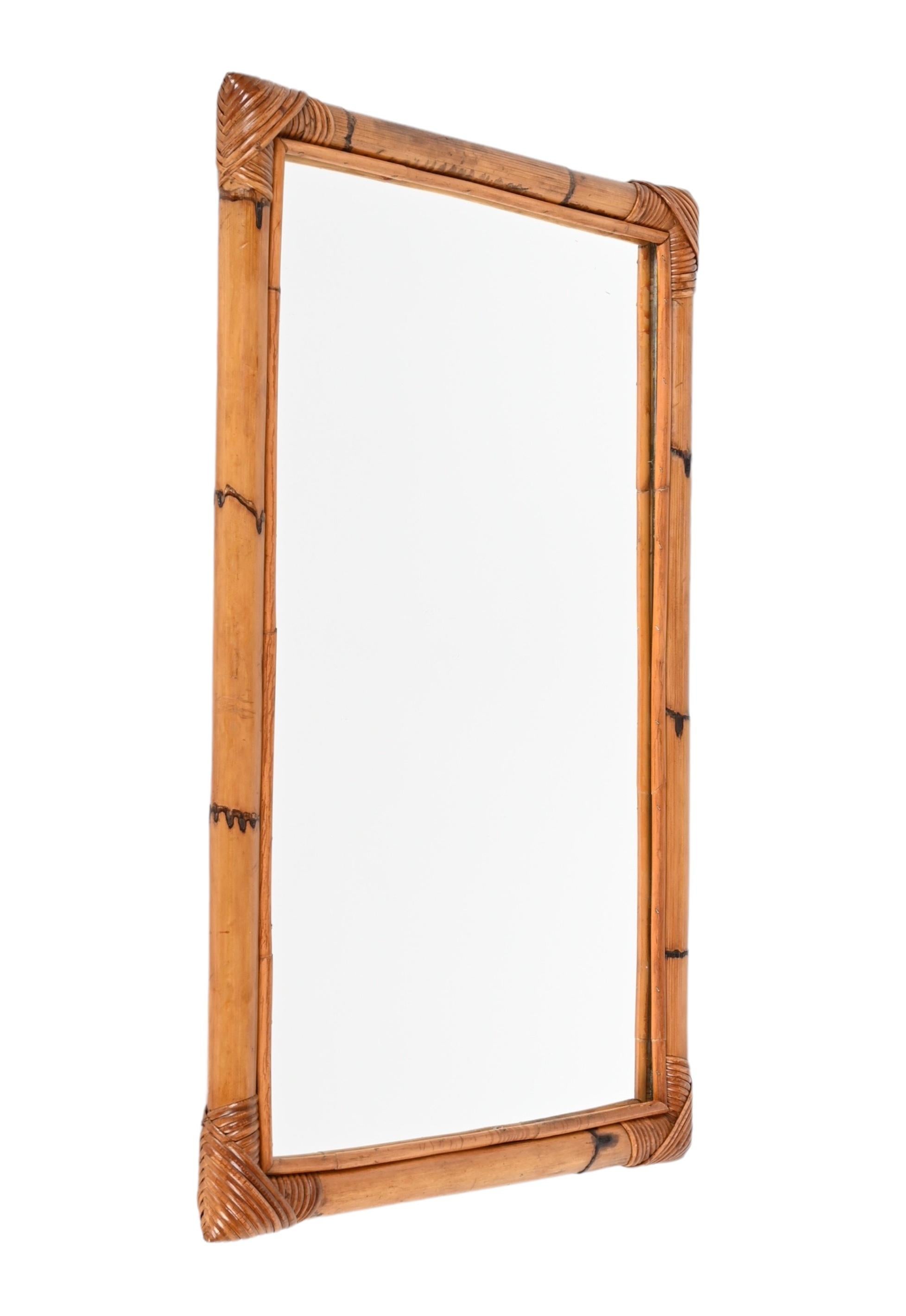 Miroir italien rectangulaire du milieu du siècle avec cadre à double canne de bambou, 1970 en vente 5