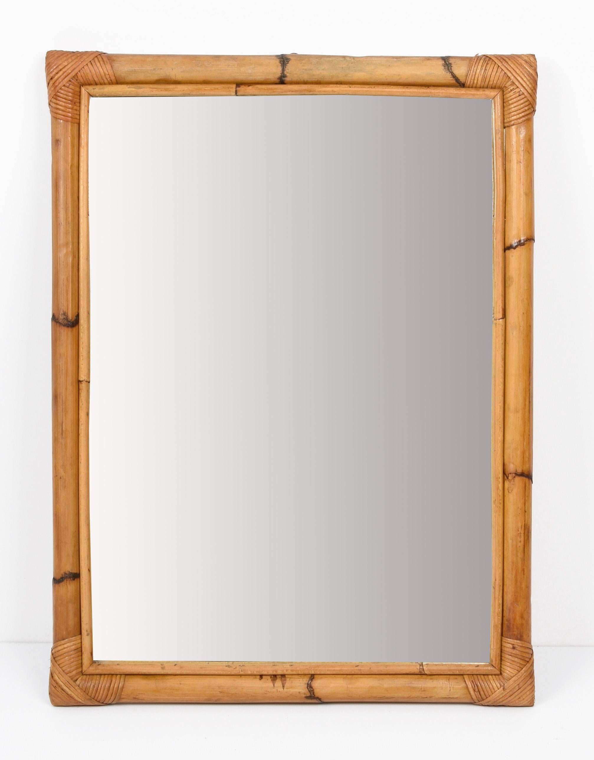 Midcentury Rectangular Italian Mirror with Double Bamboo Cane Frame, 1970s 7