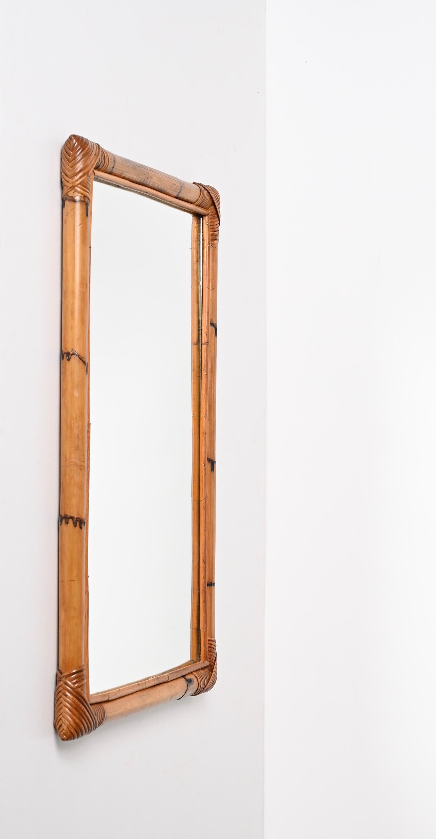 Miroir italien rectangulaire du milieu du siècle avec cadre à double canne de bambou, 1970 en vente 6