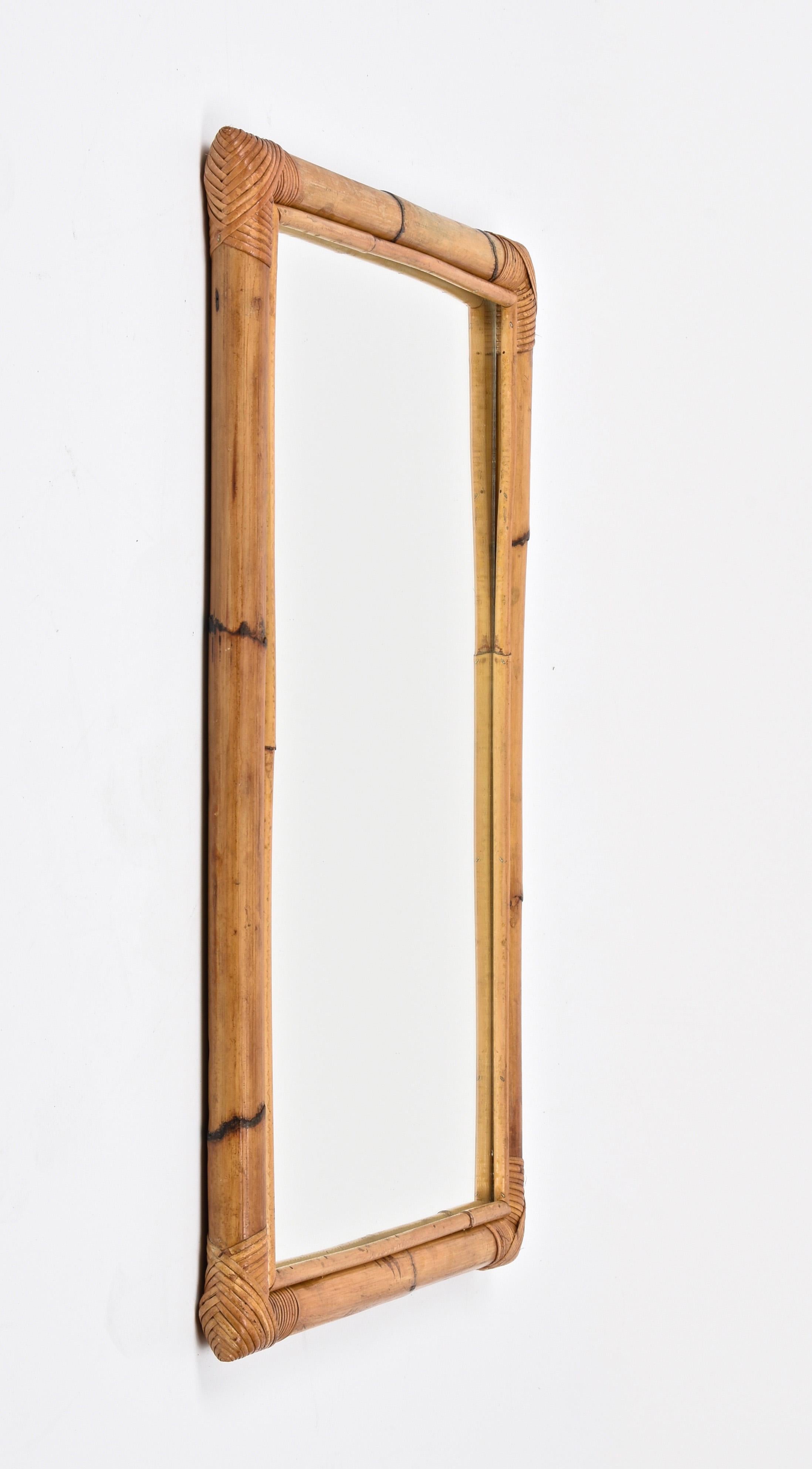 Midcentury Rectangular Italian Mirror with Double Bamboo Cane Frame, 1970s 8