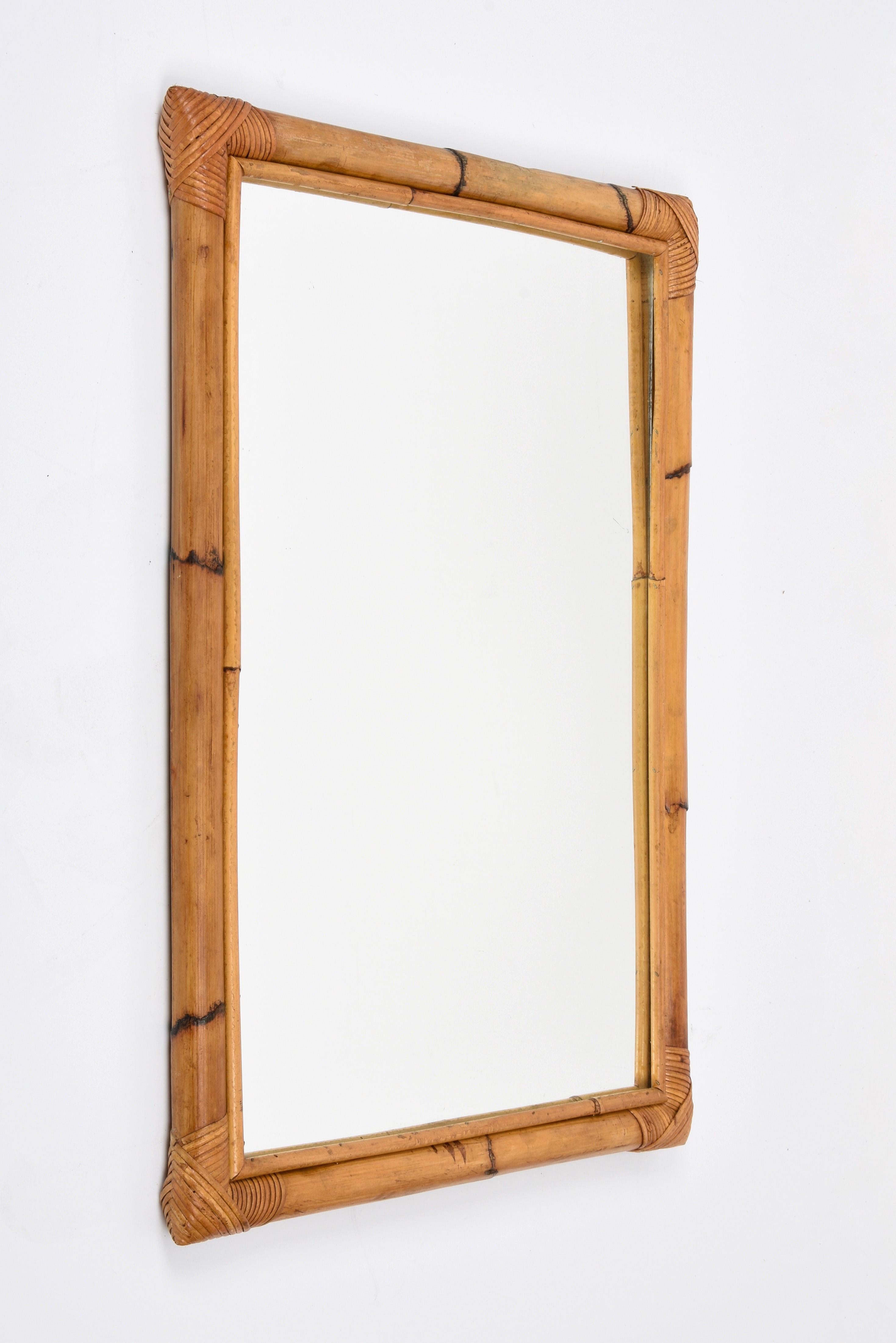 Midcentury Rectangular Italian Mirror with Double Bamboo Cane Frame, 1970s 9