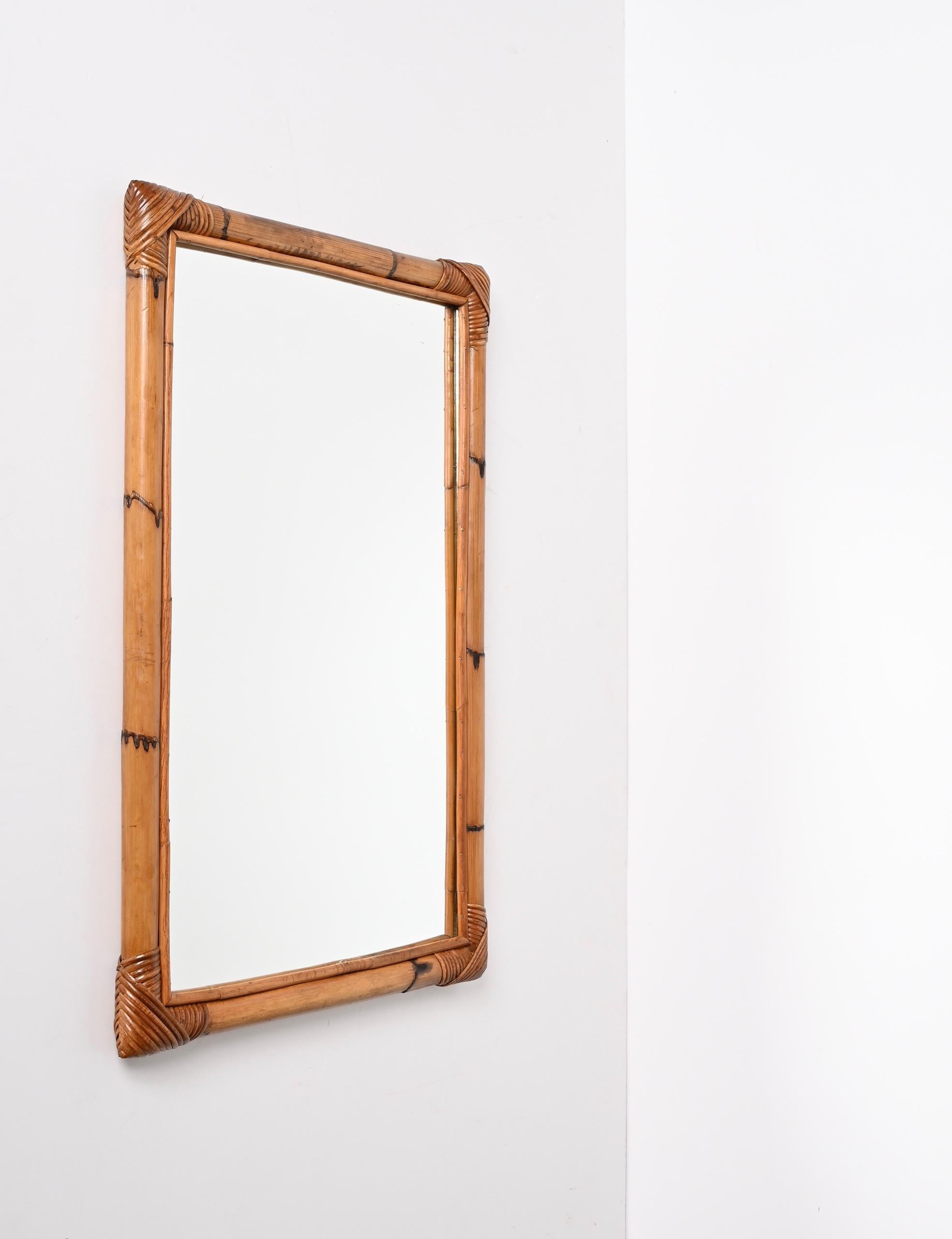 Midcentury Rectangular Italian Mirror with Double Bamboo Cane Frame, 1970s For Sale 9