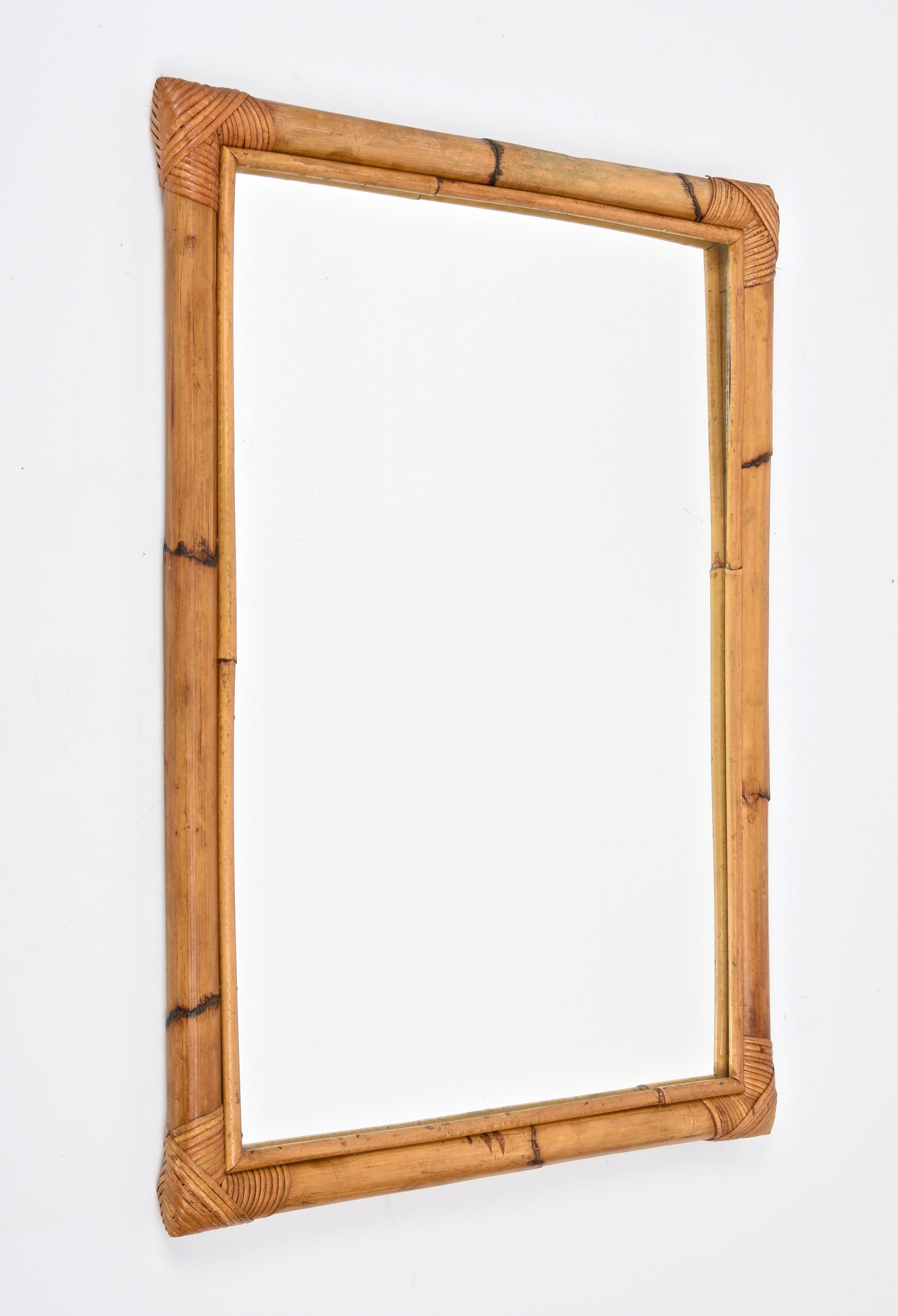 Midcentury Rectangular Italian Mirror with Double Bamboo Cane Frame, 1970s 10