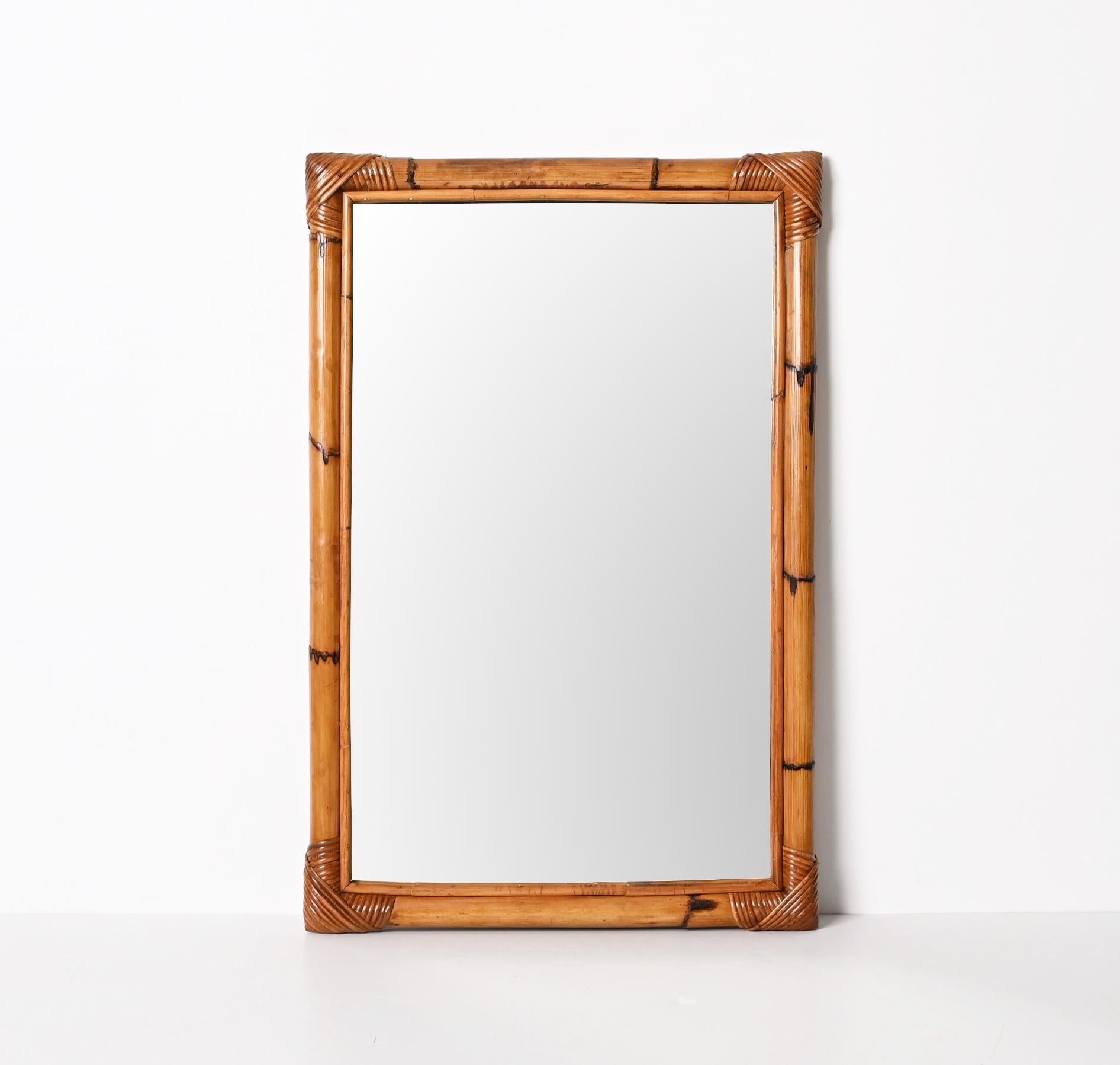 Midcentury Rectangular Italian Mirror with Double Bamboo Cane Frame, 1970s For Sale 11