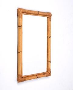 Midcentury Rectangular Italian Mirror with Double Bamboo Cane Frame, 1970s