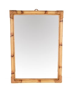 Midcentury Rectangular Italian Mirror with Double Bamboo Cane Frame, 1970s