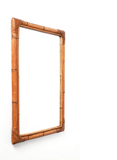 Midcentury Rectangular Italian Mirror with Double Bamboo Cane Frame, 1970s