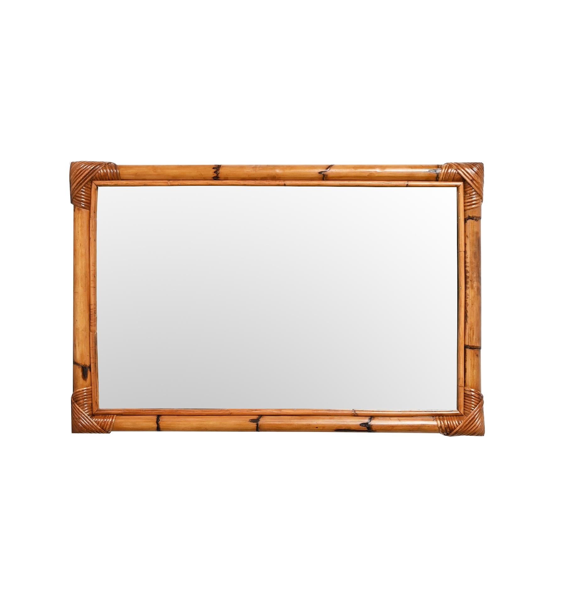 Mid-Century Modern Midcentury Rectangular Italian Mirror with Double Bamboo Cane Frame, 1970s For Sale