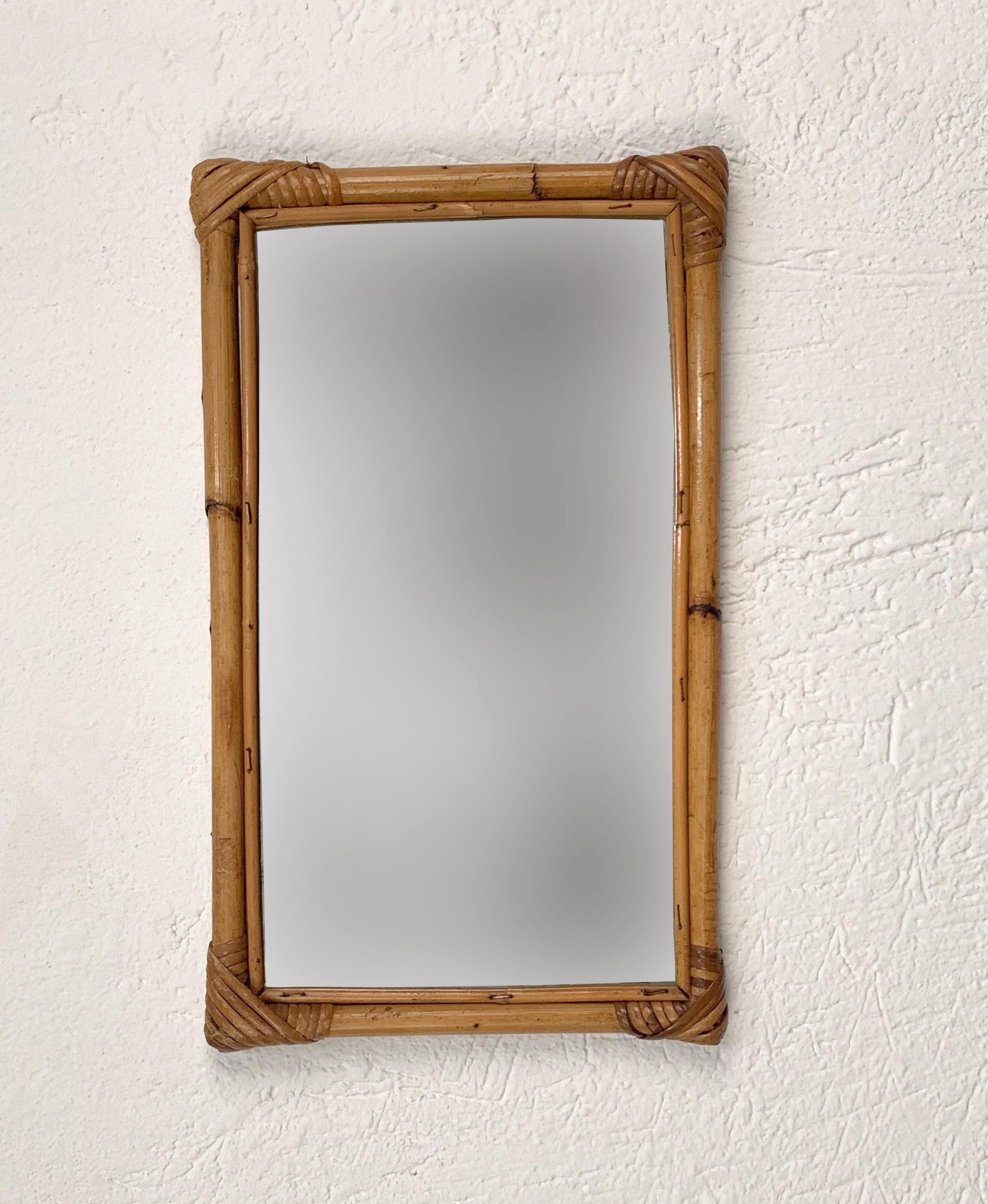 Midcentury Rectangular Italian Mirror with Double Bamboo Cane Frame, 1970s In Good Condition In Roma, IT