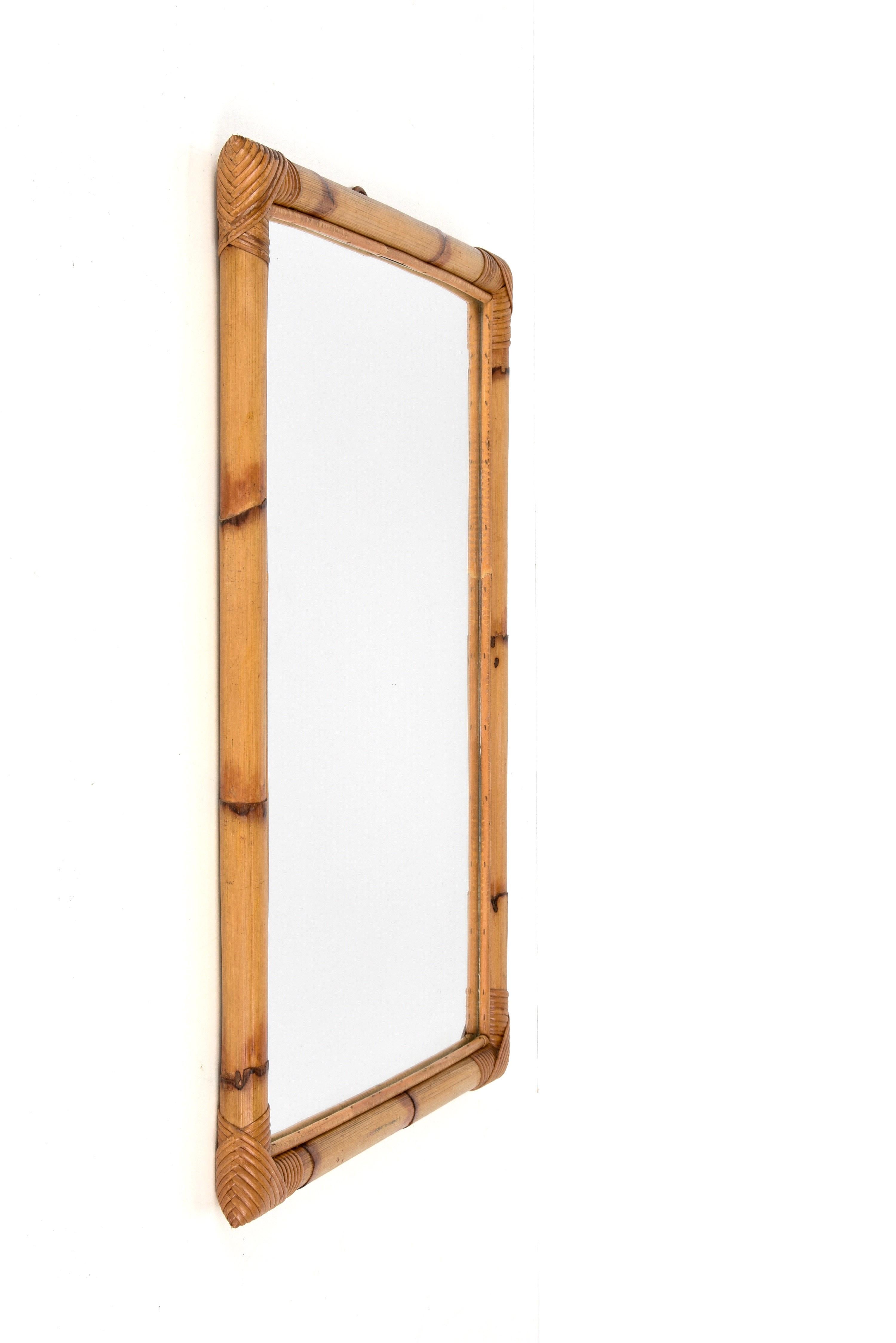 20th Century Midcentury Rectangular Italian Mirror with Double Bamboo Cane Frame, 1970s