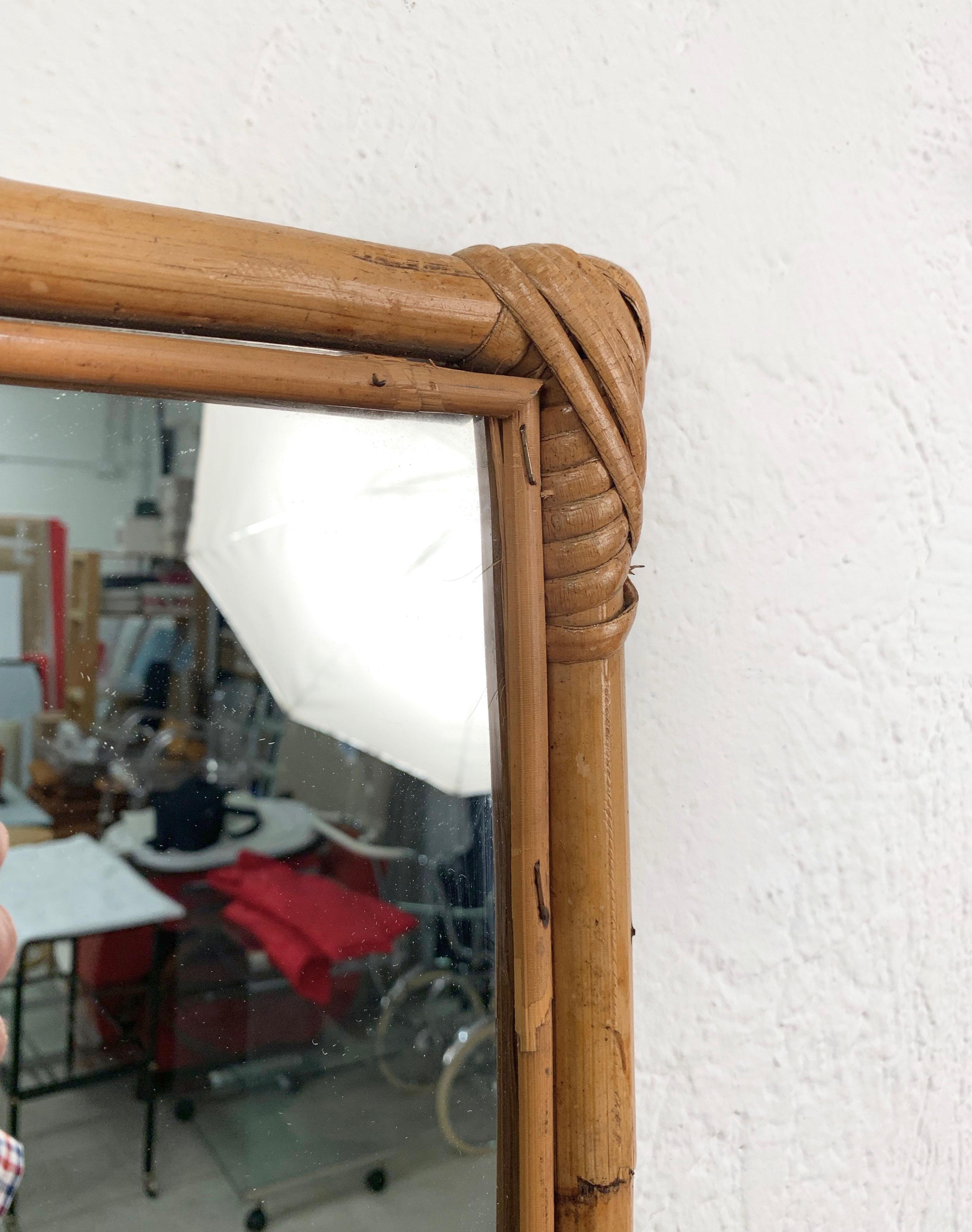 Midcentury Rectangular Italian Mirror with Double Bamboo Cane Frame, 1970s 1