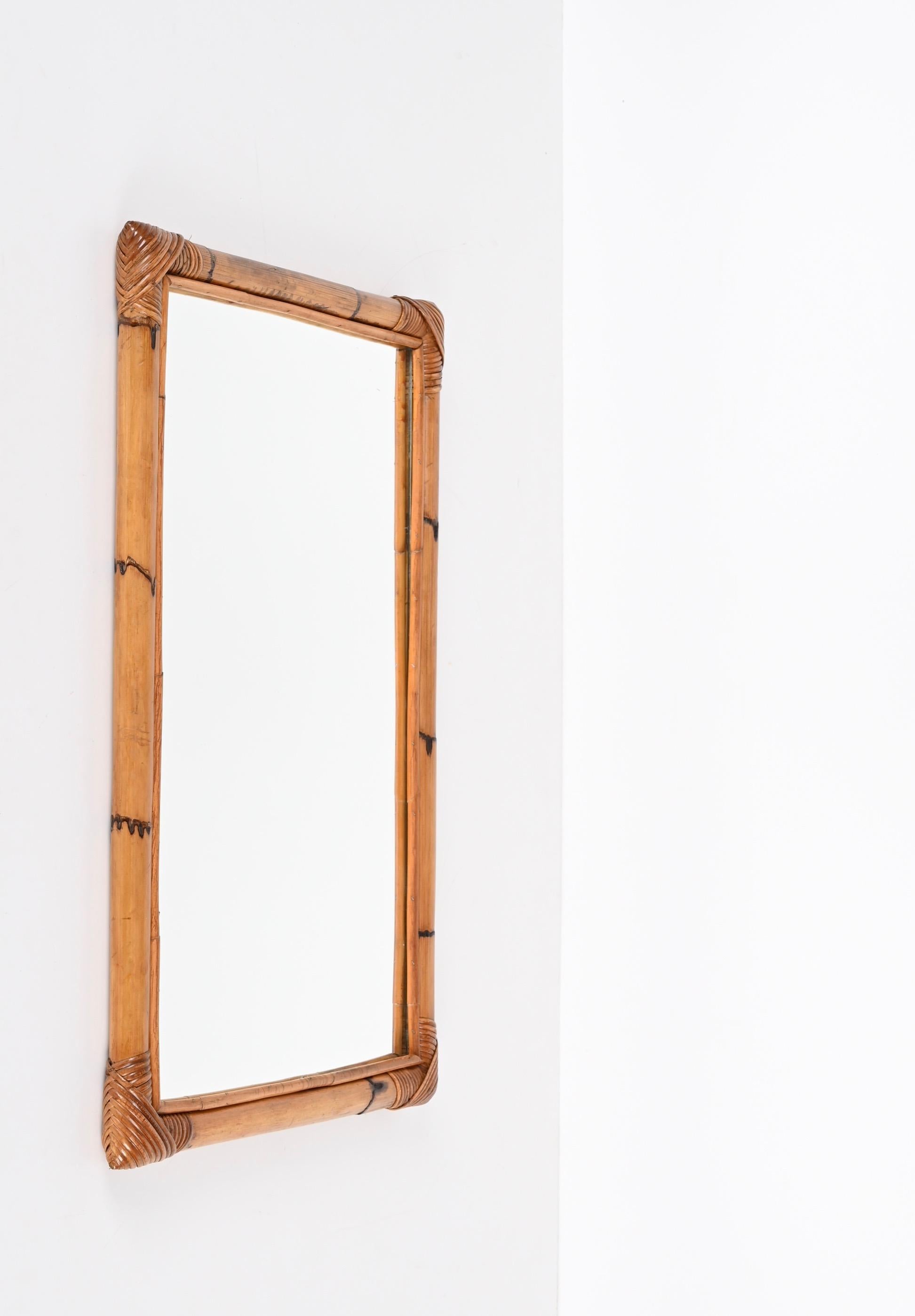 Midcentury Rectangular Italian Mirror with Double Bamboo Cane Frame, 1970s For Sale 1
