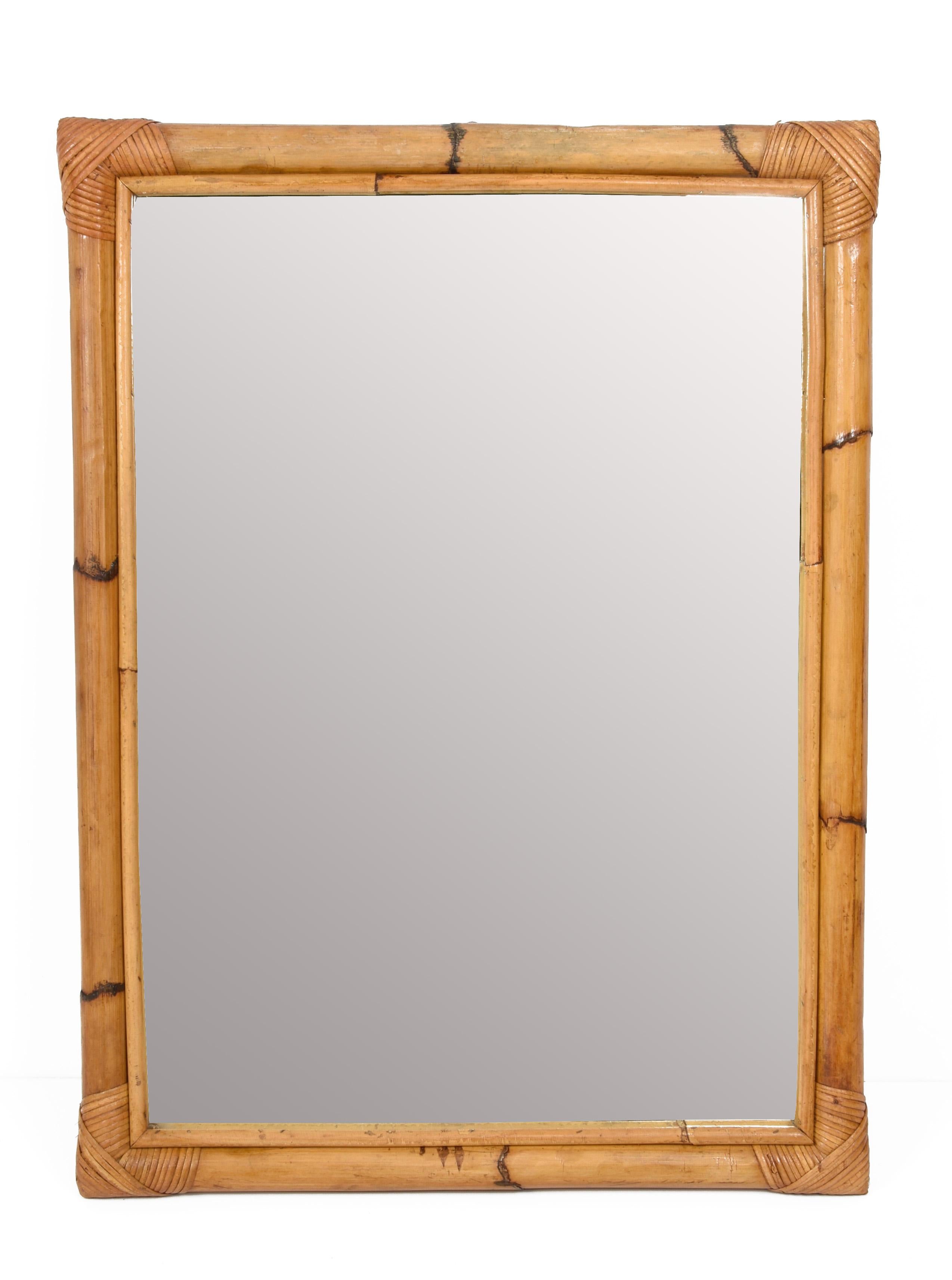 Midcentury Rectangular Italian Mirror with Double Bamboo Cane Frame, 1970s 2