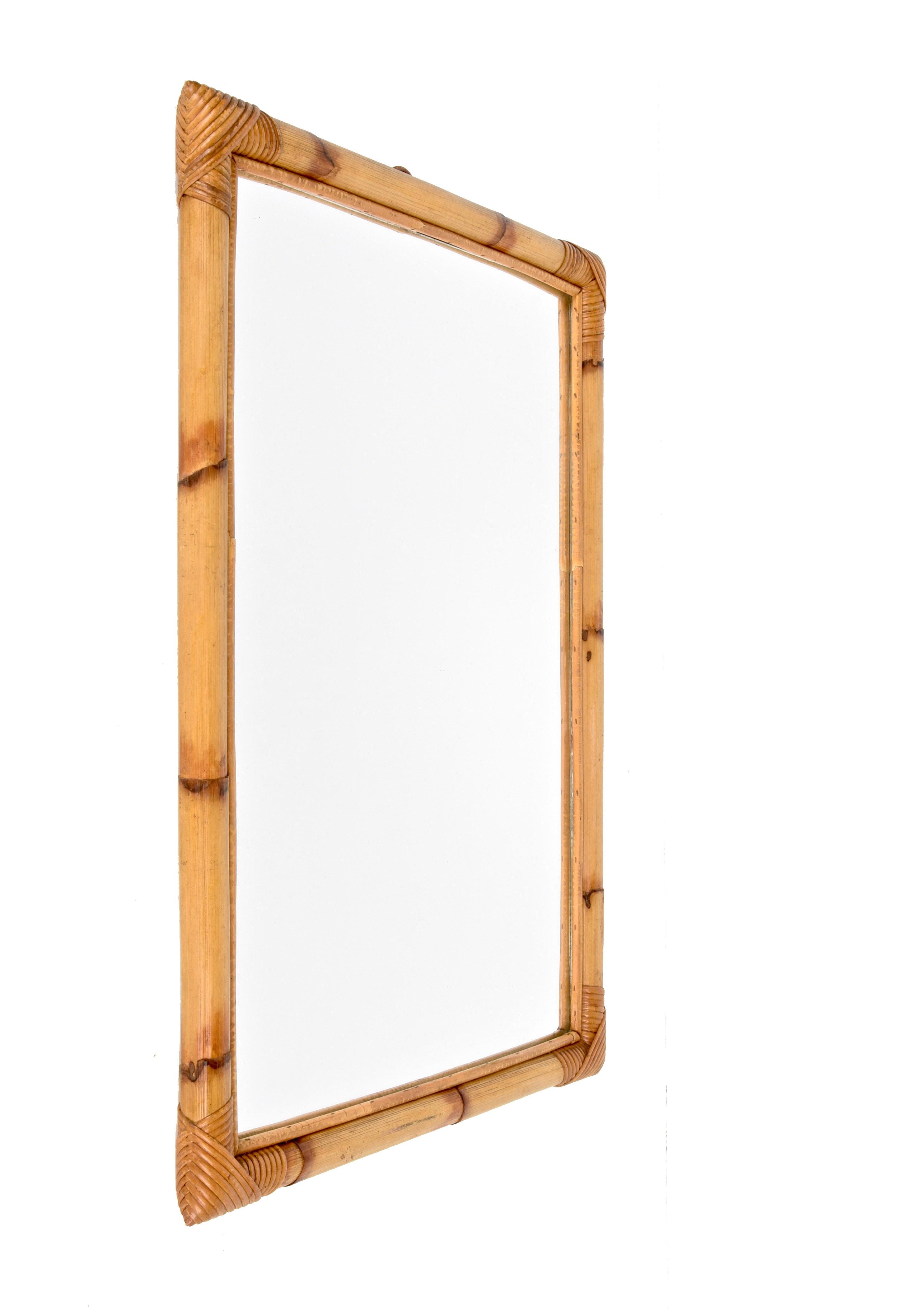 Midcentury Rectangular Italian Mirror with Double Bamboo Cane Frame, 1970s 3