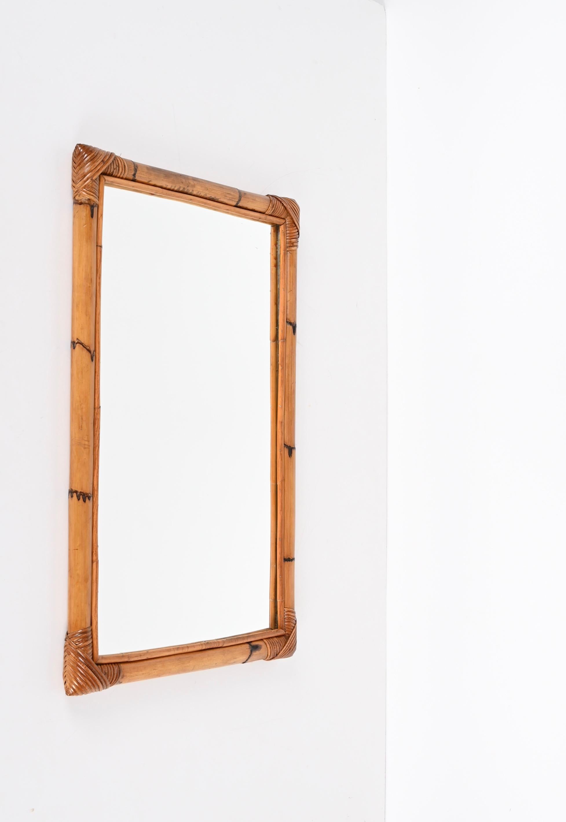 Miroir italien rectangulaire du milieu du siècle avec cadre à double canne de bambou, 1970 en vente 3